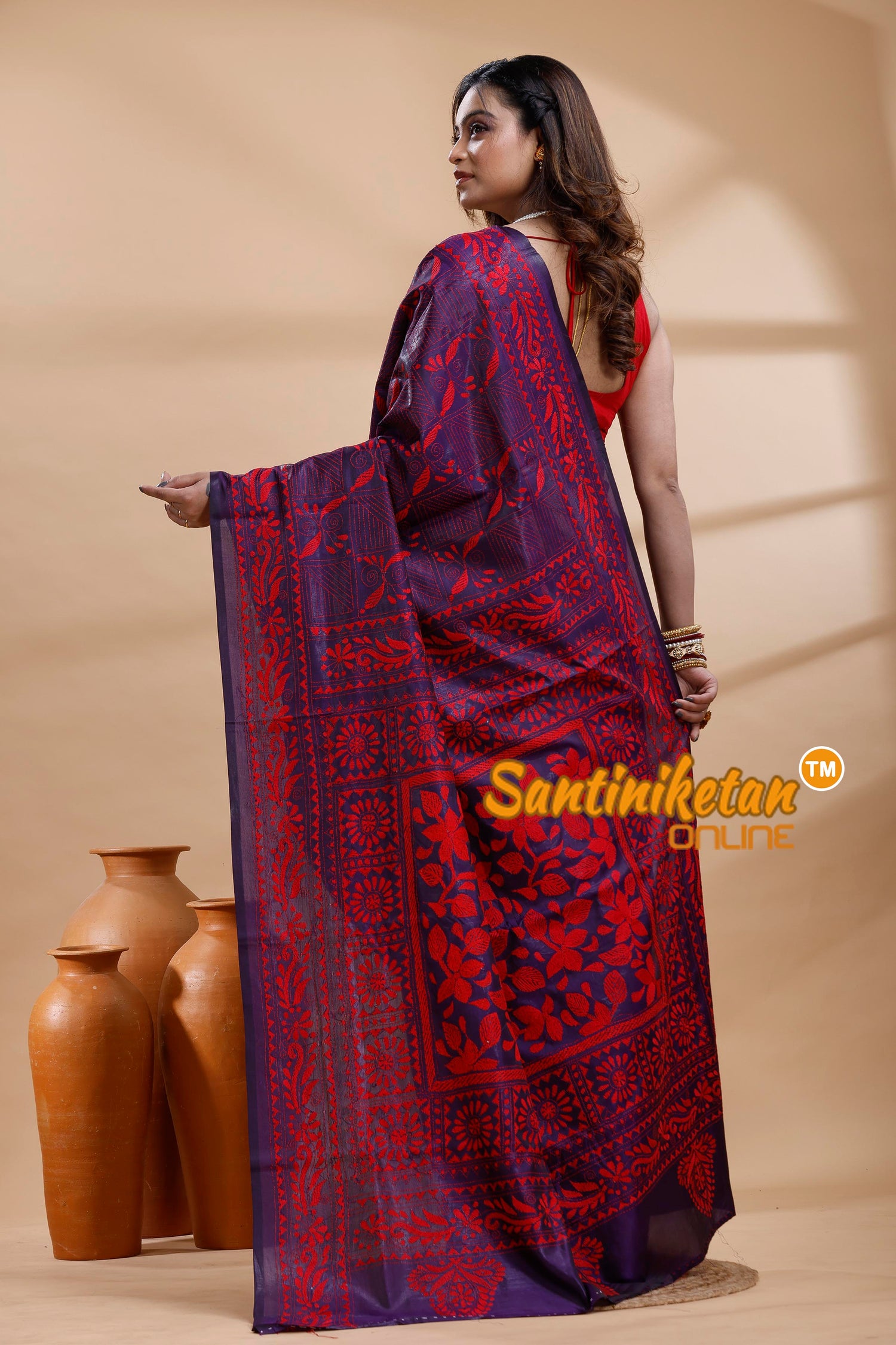 Bangalore Silk Kantha Stitch Saree