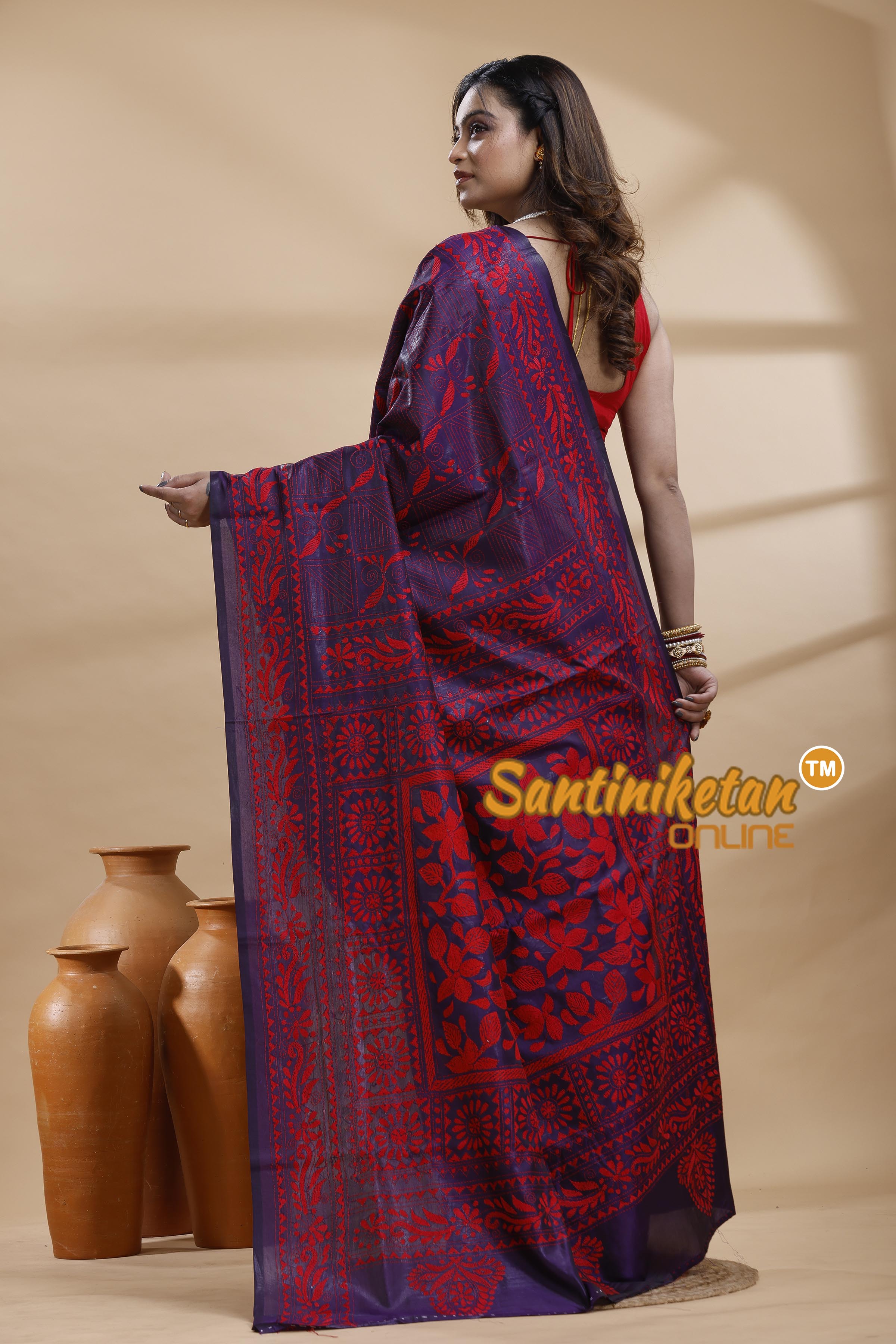 Bangalore Silk Kantha Stitch Saree