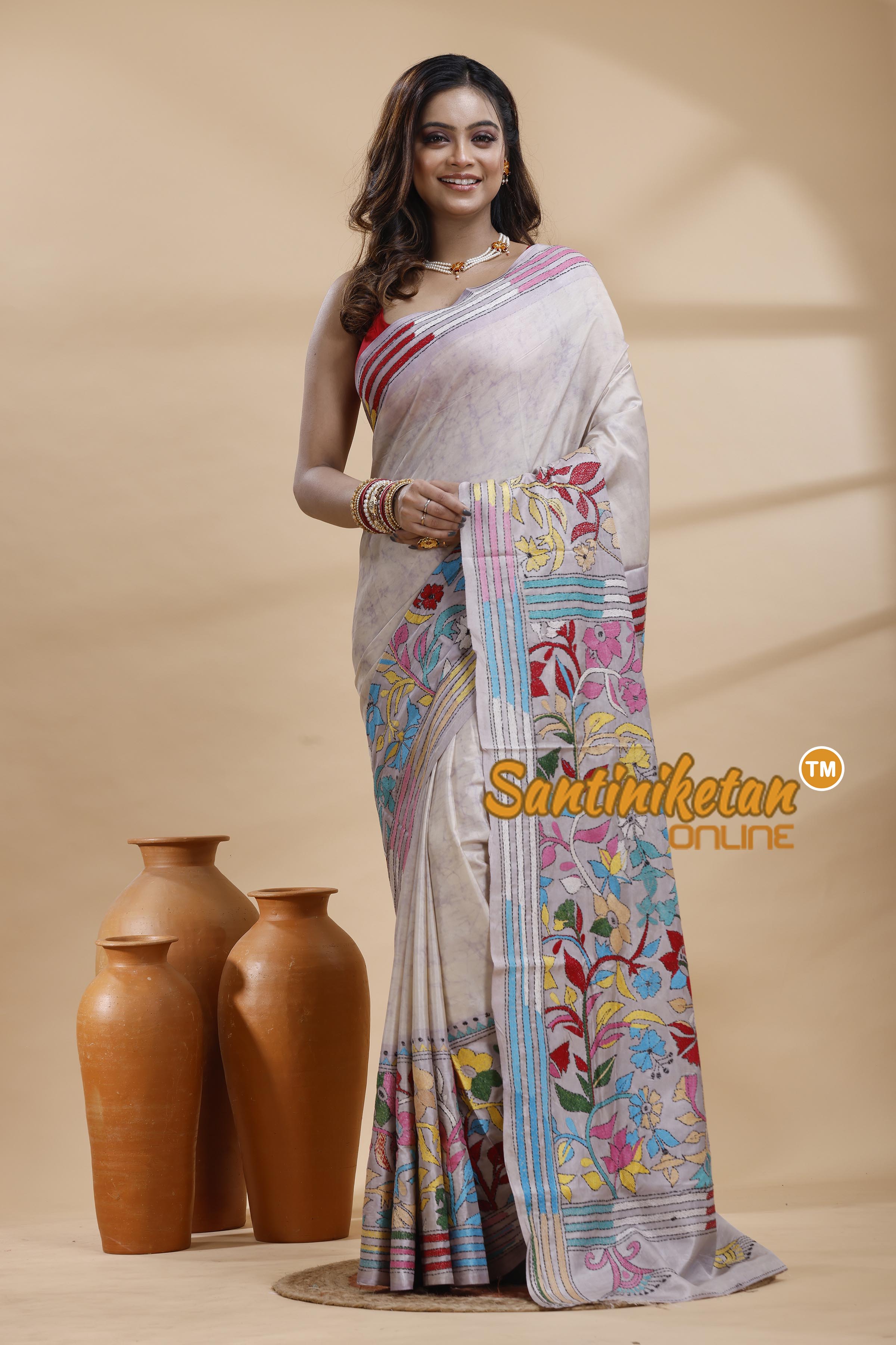 Bangalore Silk Batik Kantha Stitch Saree