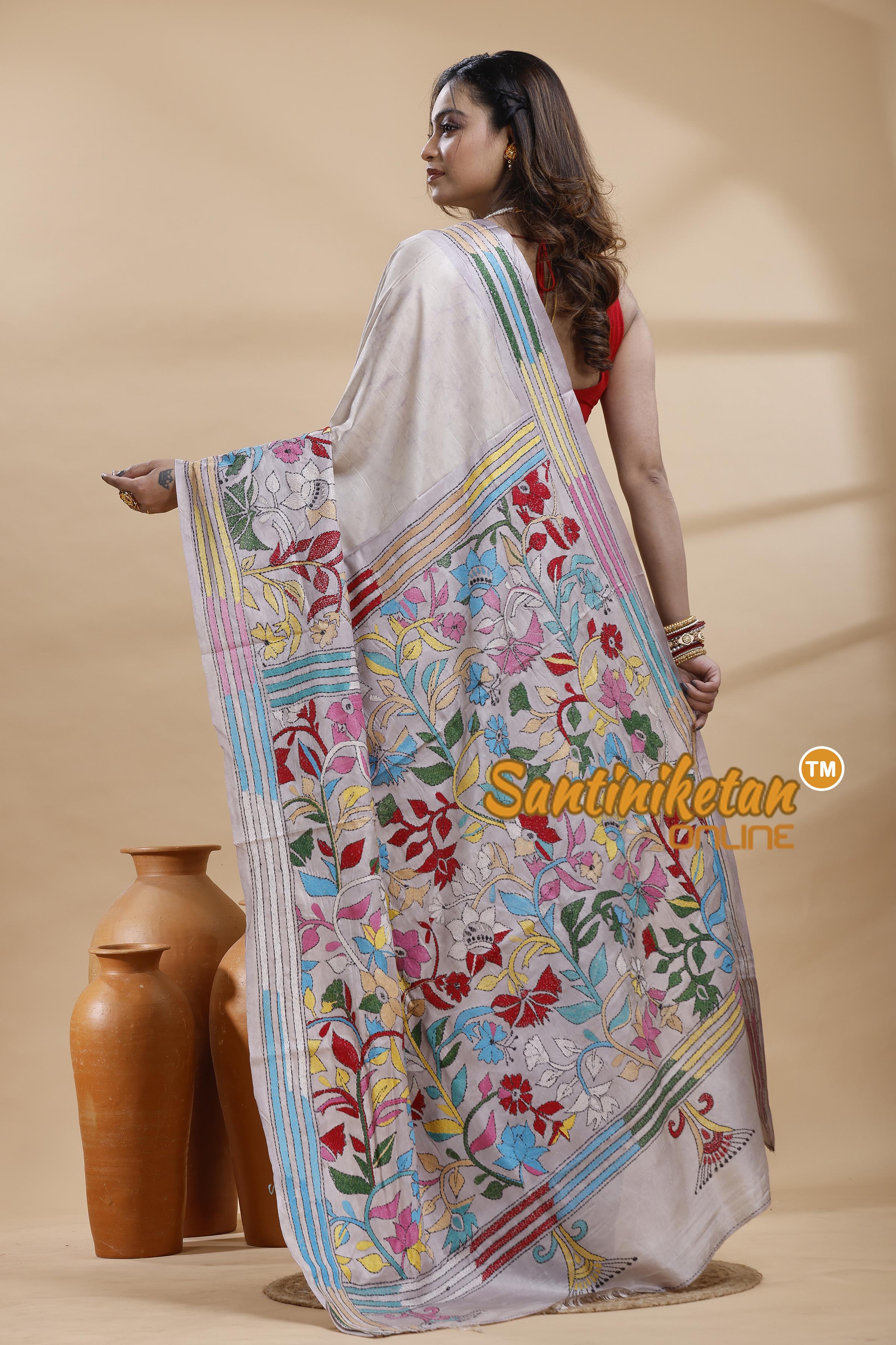 Bangalore Silk Batik Kantha Stitch Saree