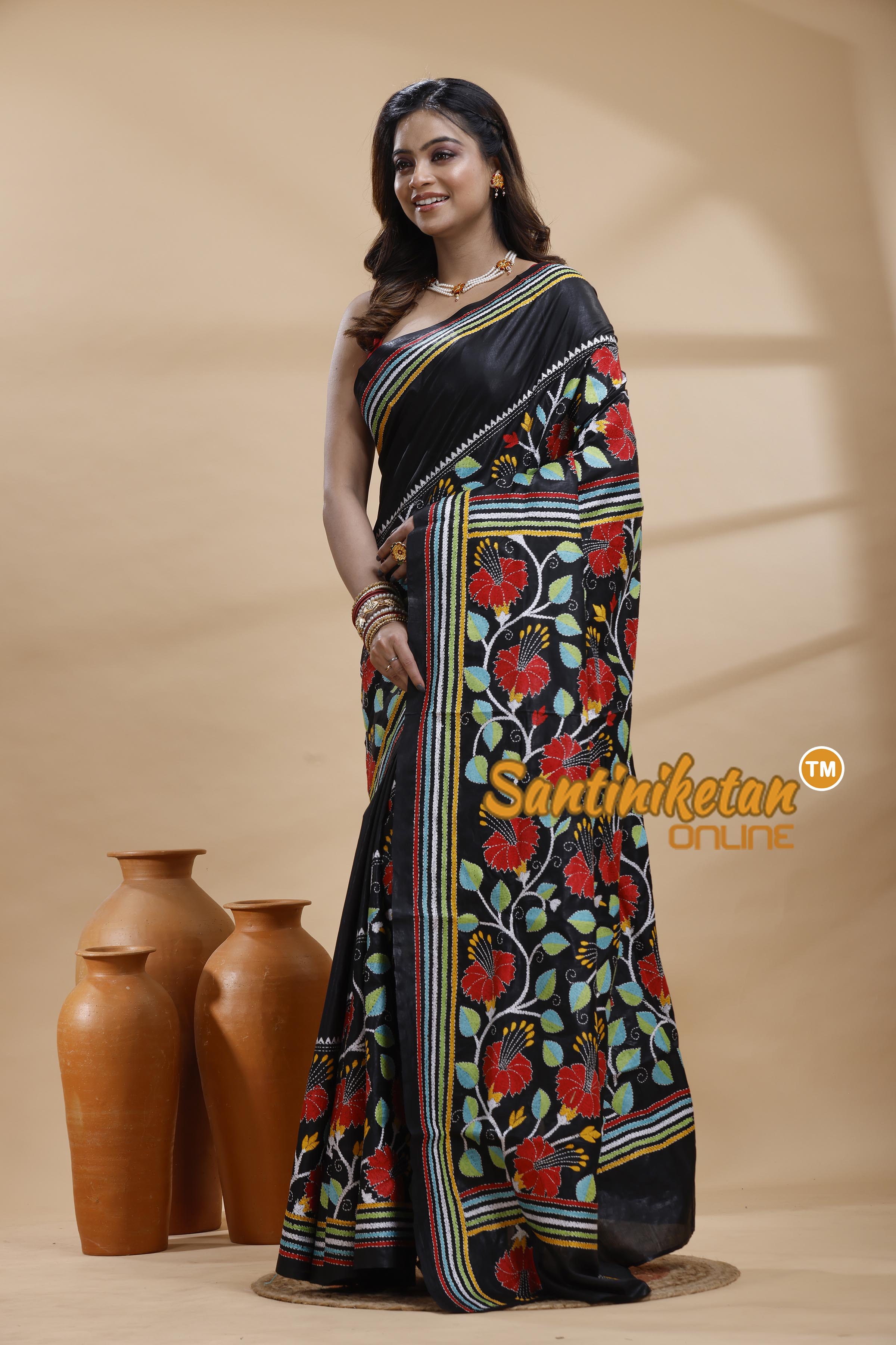 Pure Bangalore Silk Kantha Stitch Saree