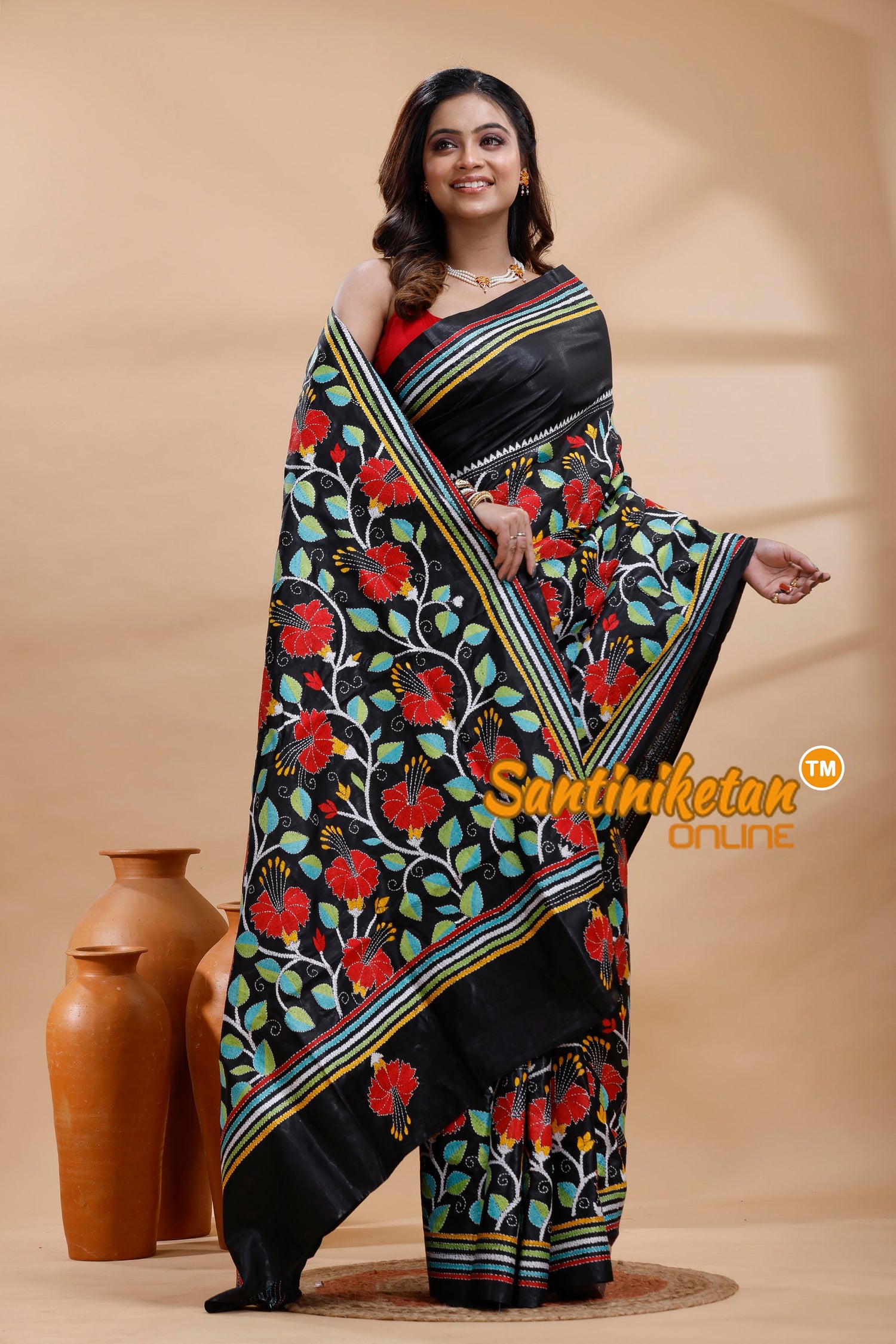 Pure Bangalore Silk Kantha Stitch Saree