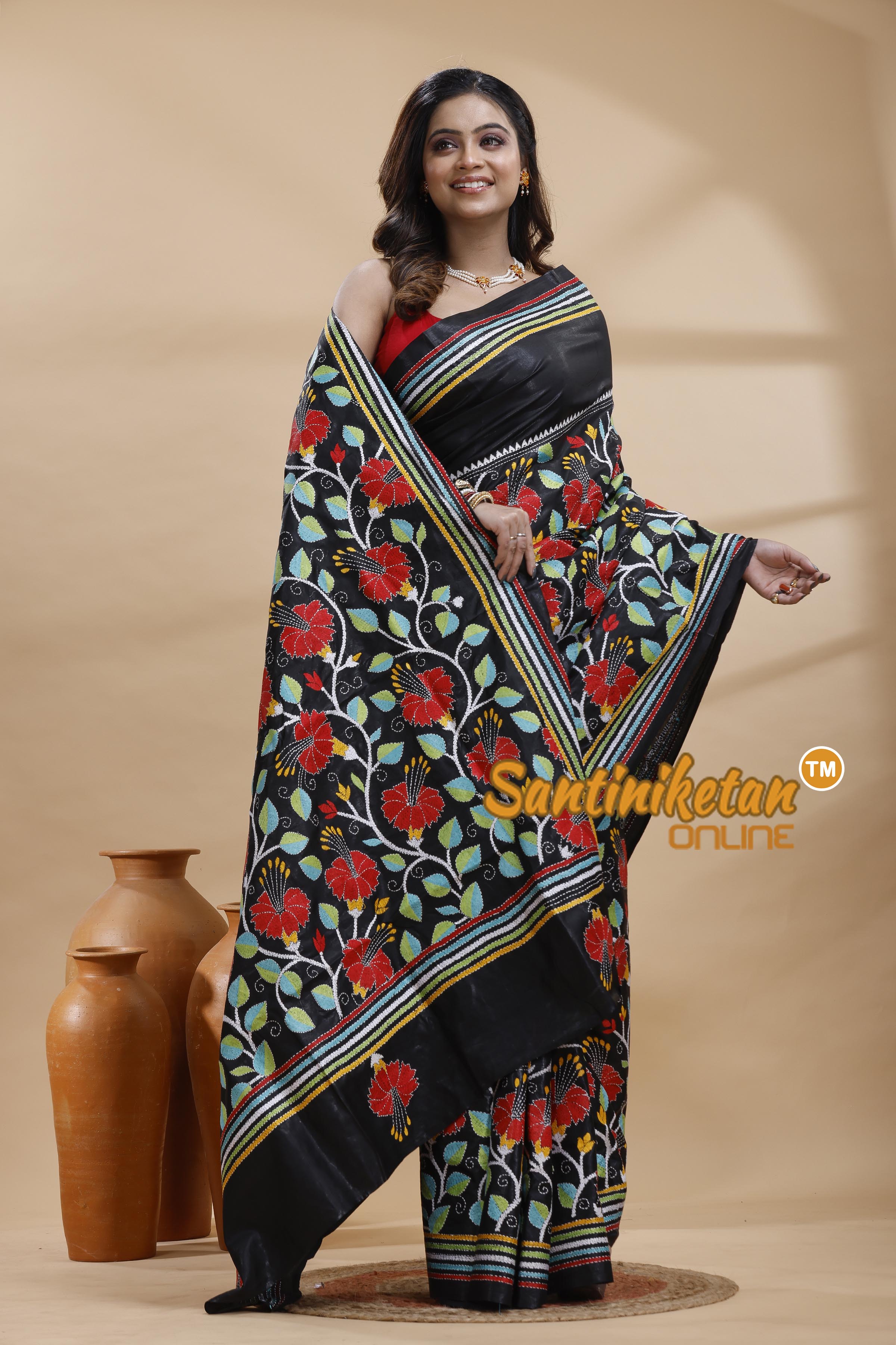 Pure Bangalore Silk Kantha Stitch Saree