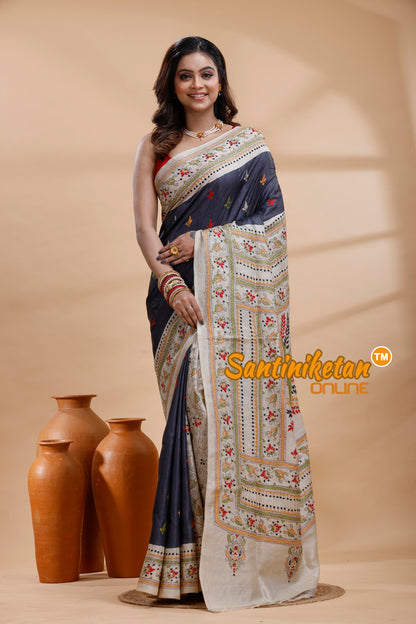 Dye Pure Gachi Tussar Silk Kantha Stitch Saree