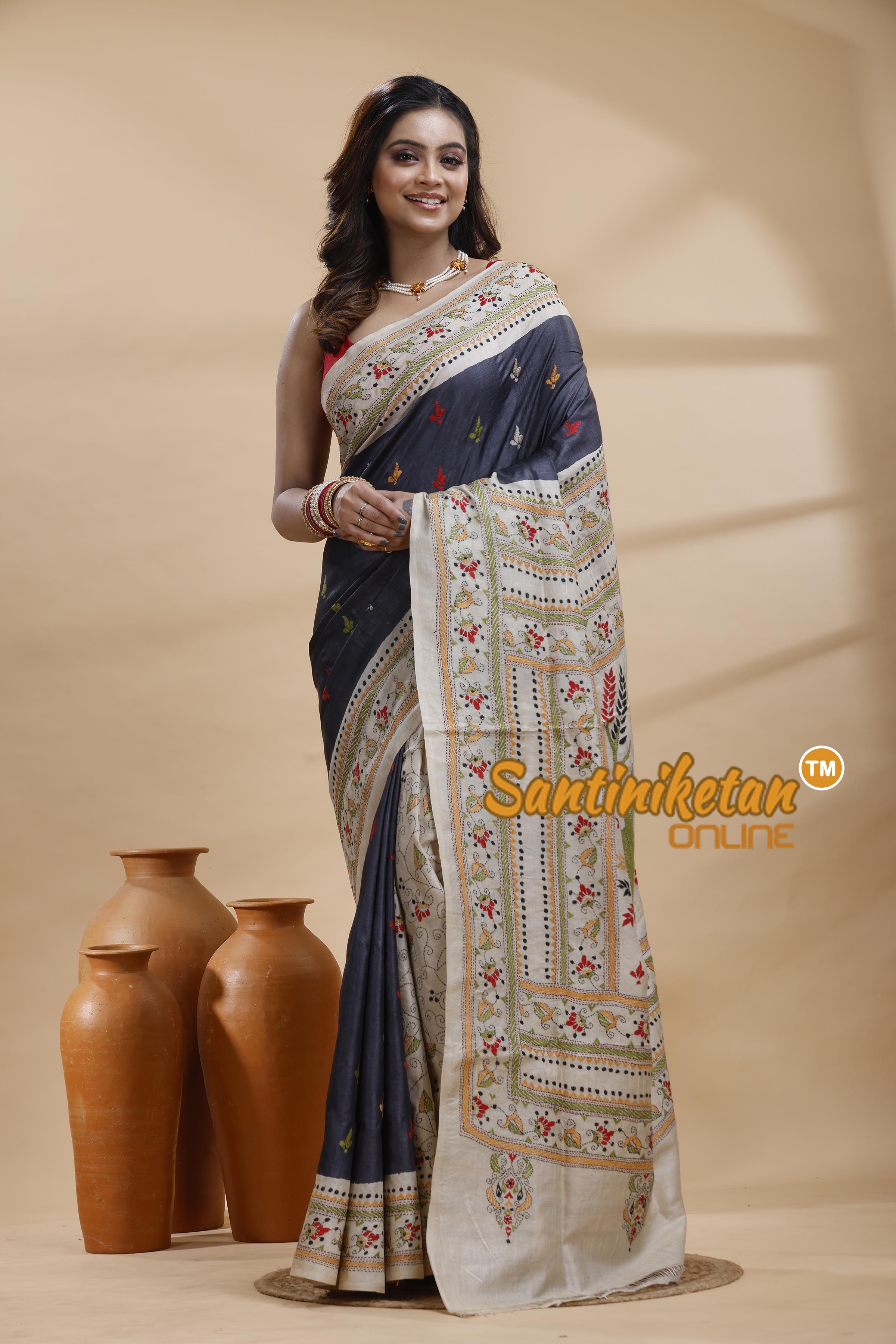 Dye Pure Gachi Tussar Silk Kantha Stitch Saree