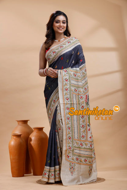 Dye Pure Gachi Tussar Silk Kantha Stitch Saree