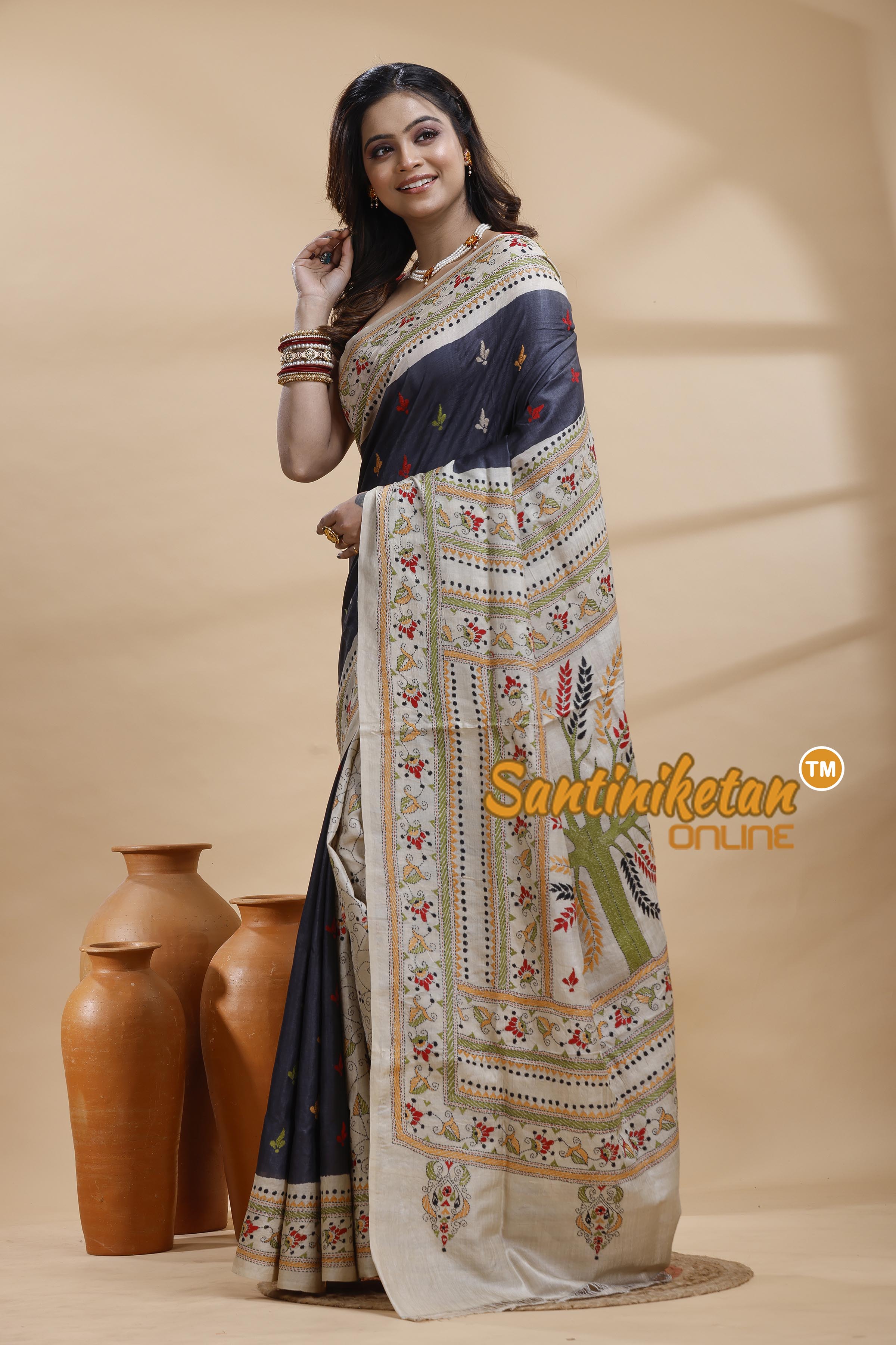 Dye Pure Gachi Tussar Silk Kantha Stitch Saree