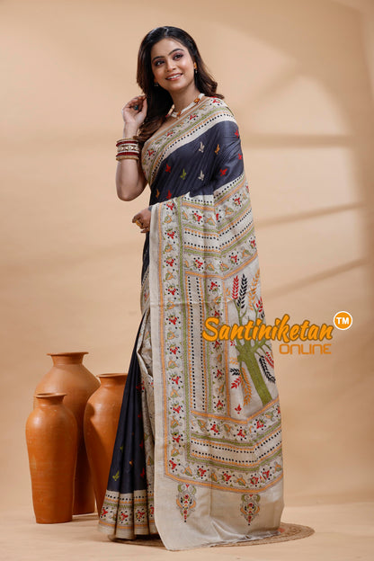 Dye Pure Gachi Tussar Silk Kantha Stitch Saree