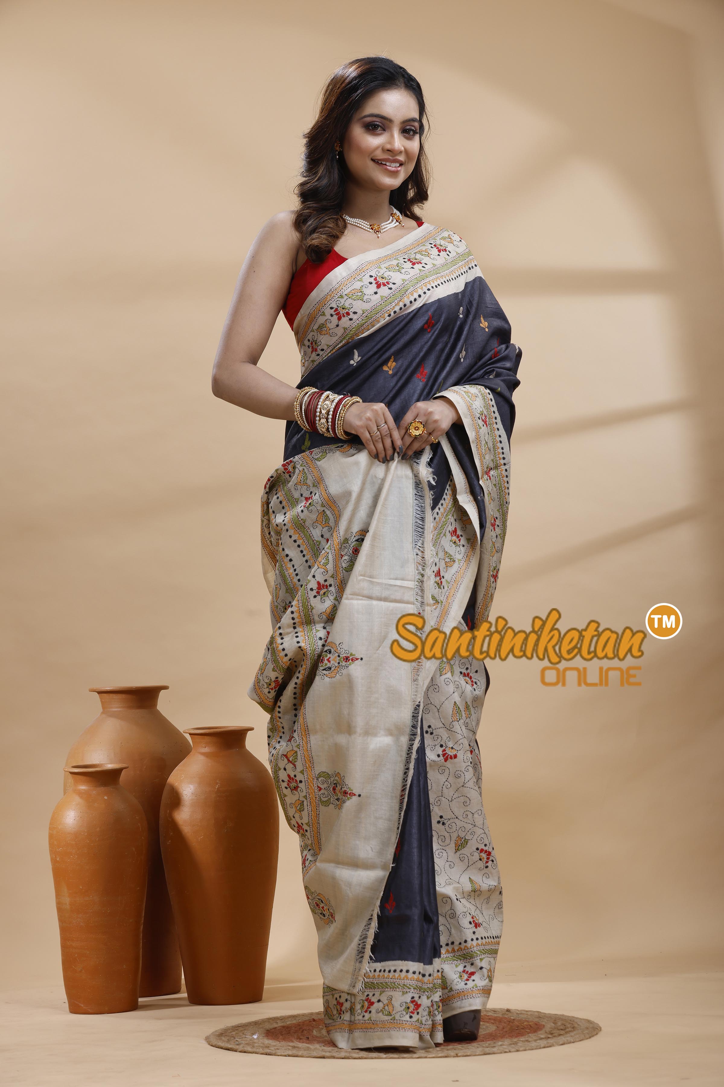 Dye Pure Gachi Tussar Silk Kantha Stitch Saree