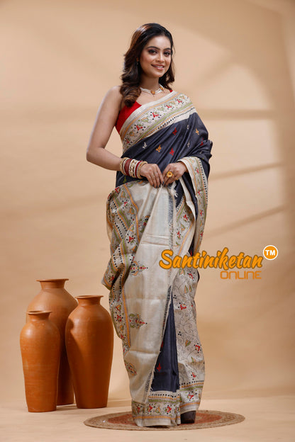 Dye Pure Gachi Tussar Silk Kantha Stitch Saree