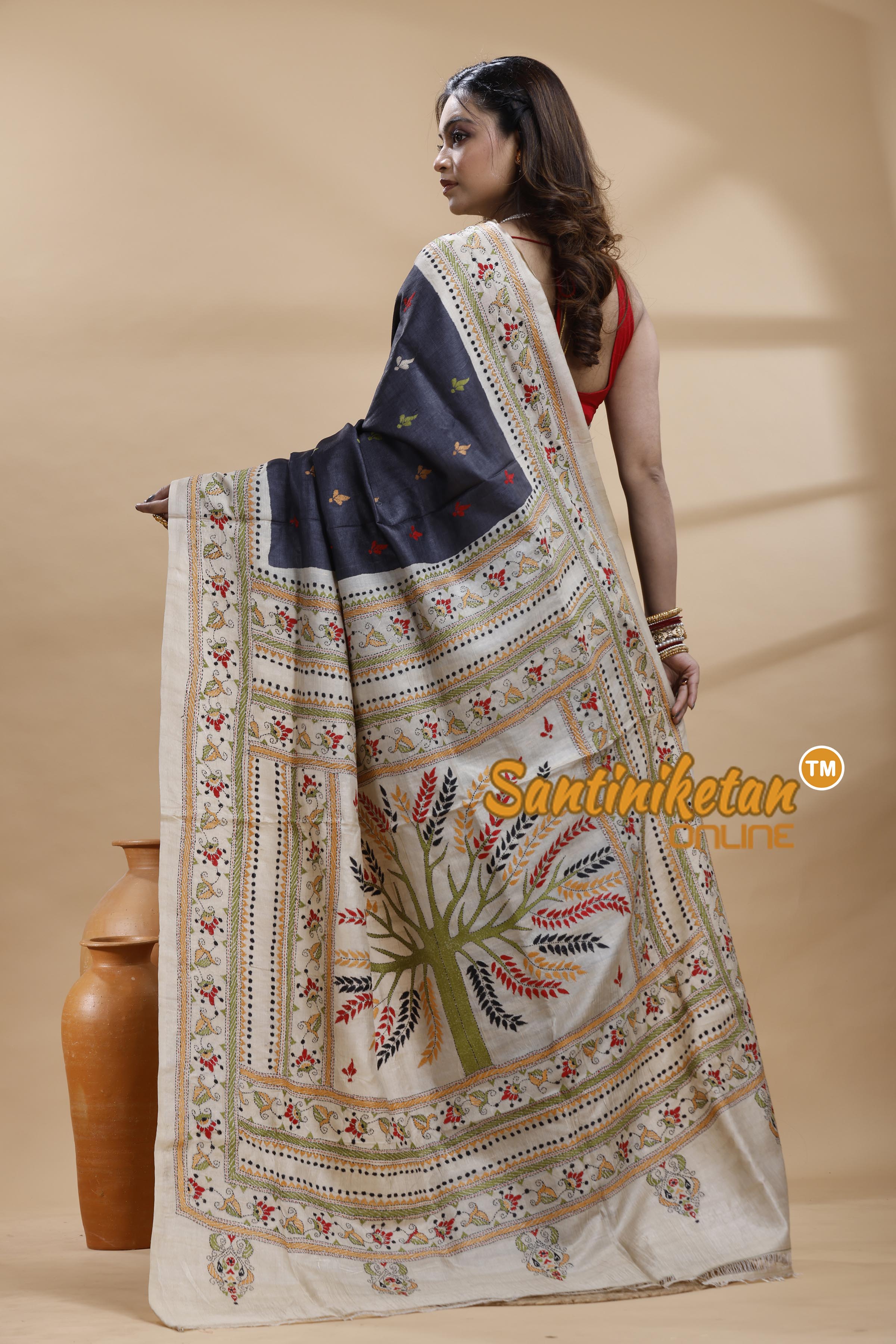 Dye Pure Gachi Tussar Silk Kantha Stitch Saree