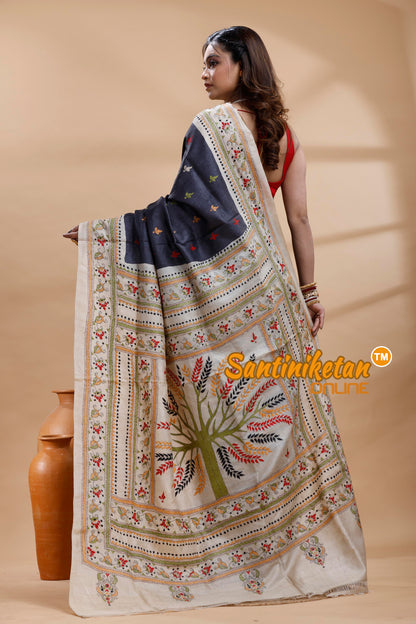 Dye Pure Gachi Tussar Silk Kantha Stitch Saree