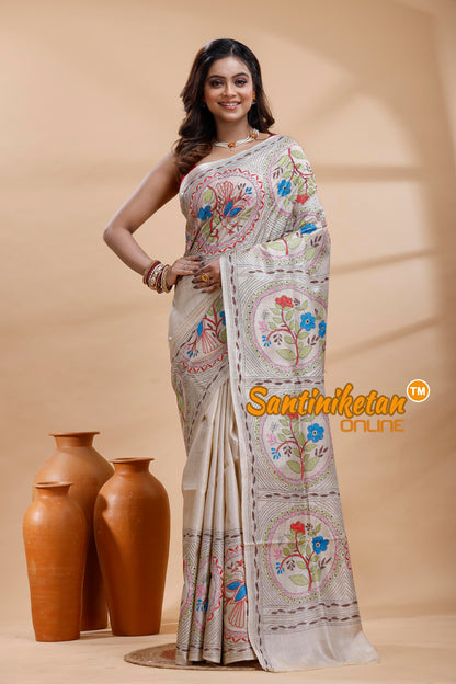 Pure Gachi Tussar Silk Kantha Stitch Saree