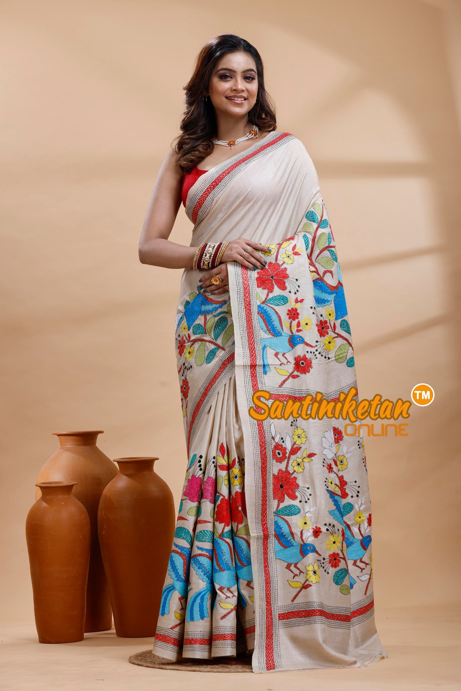 Pure Gachi Tussar Silk Kantha Stitch Saree