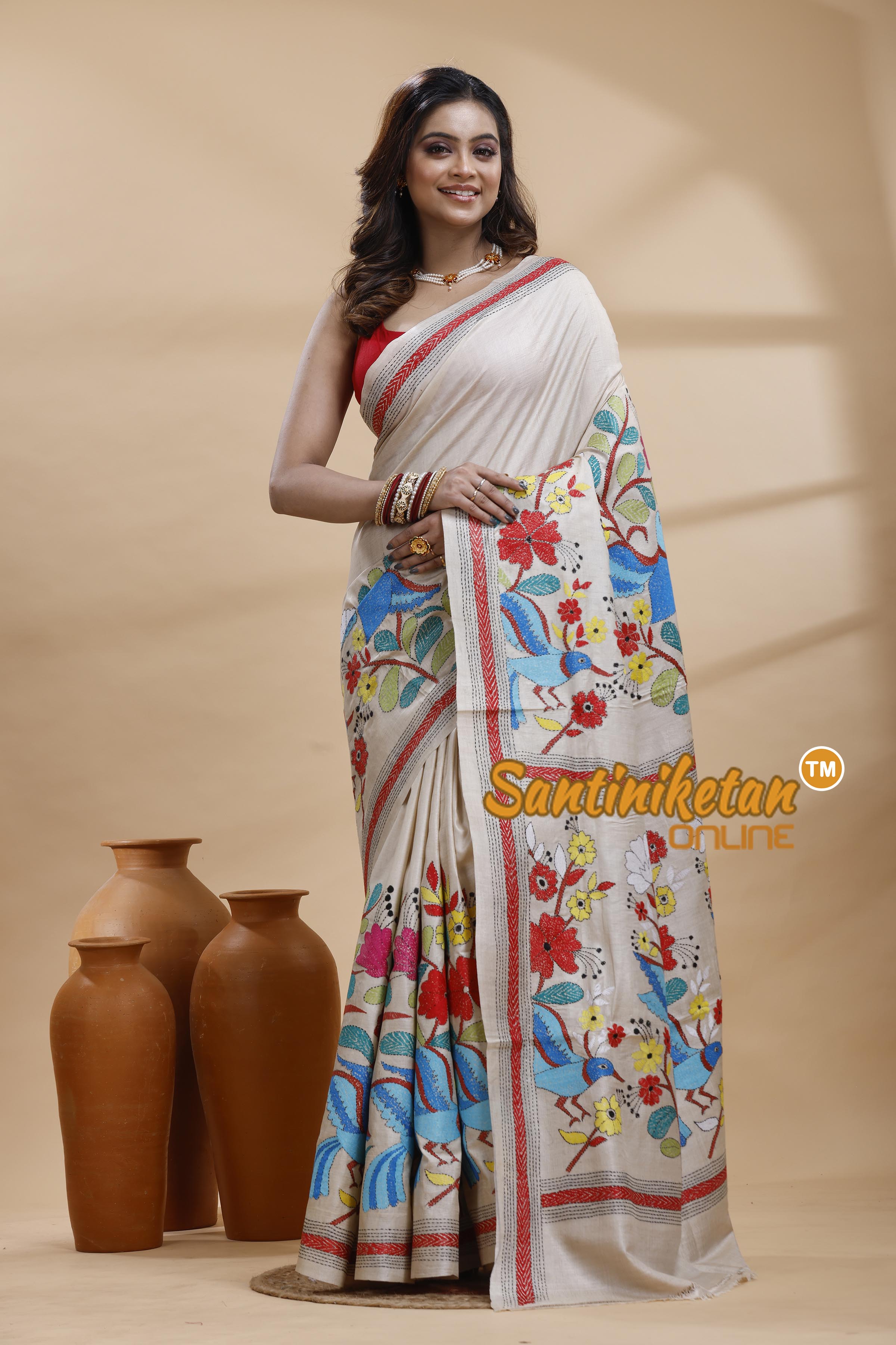 Pure Gachi Tussar Silk Kantha Stitch Saree