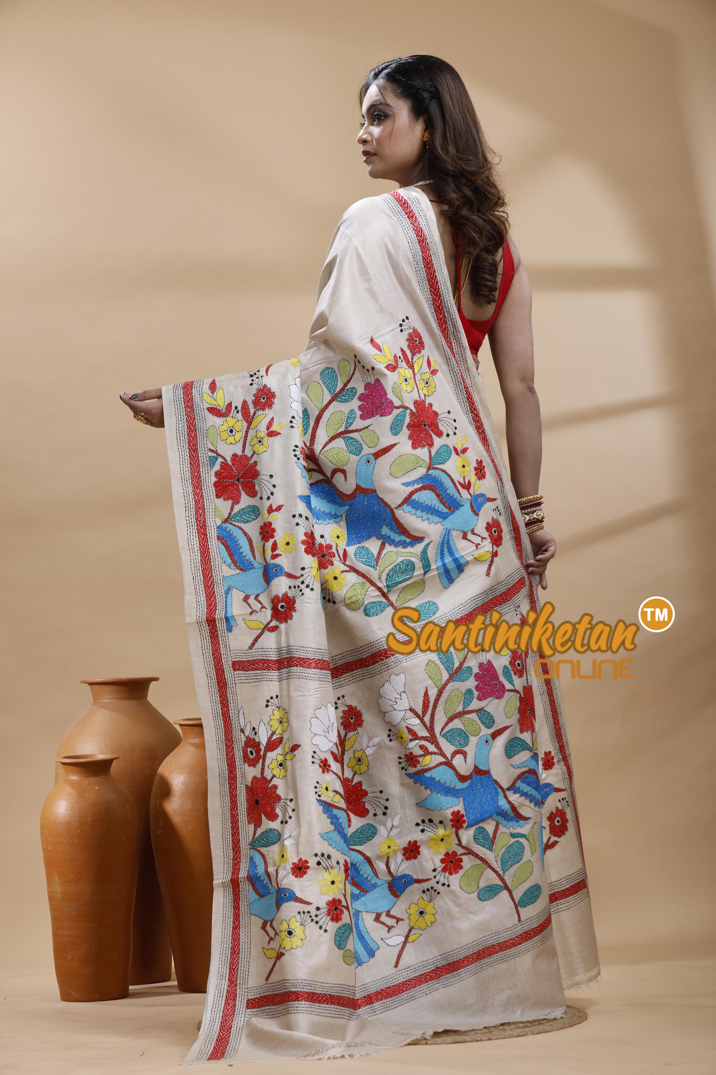 Pure Gachi Tussar Silk Kantha Stitch Saree