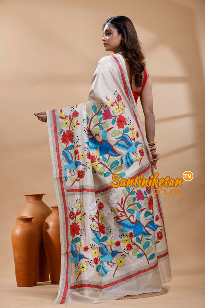 Pure Gachi Tussar Silk Kantha Stitch Saree