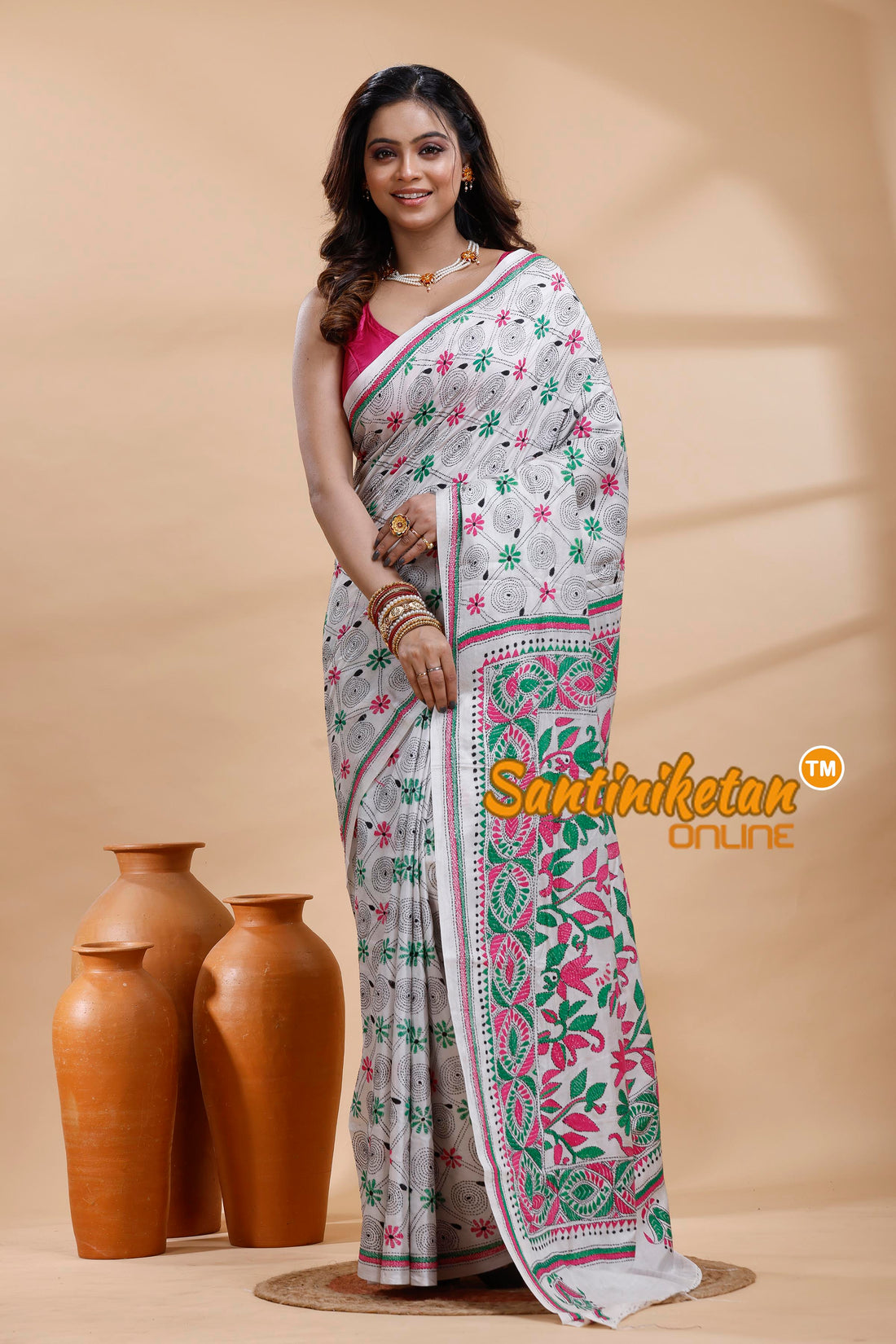 Bangalore Silk Kantha Stitch Saree