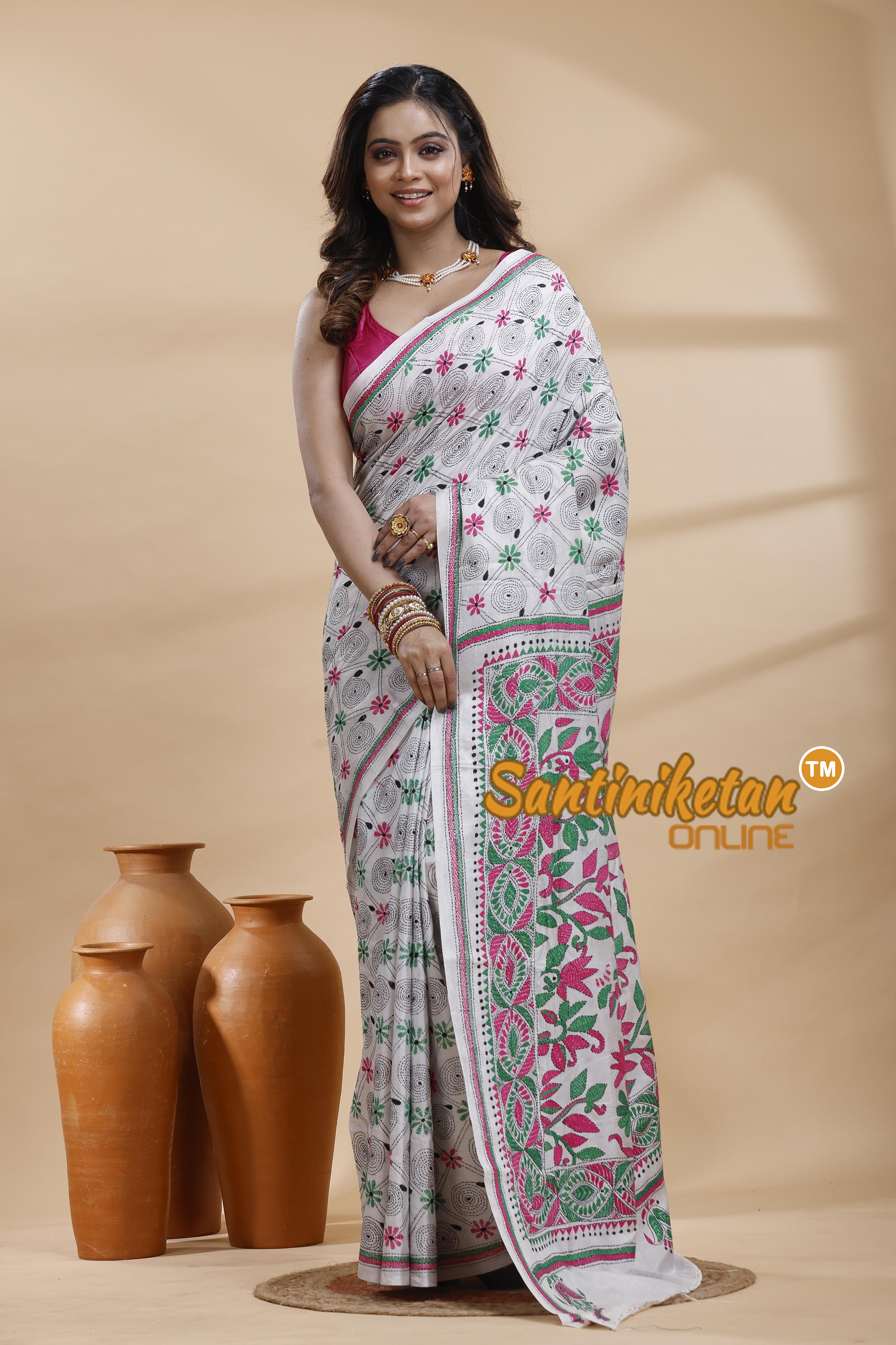 Bangalore Silk Kantha Stitch Saree