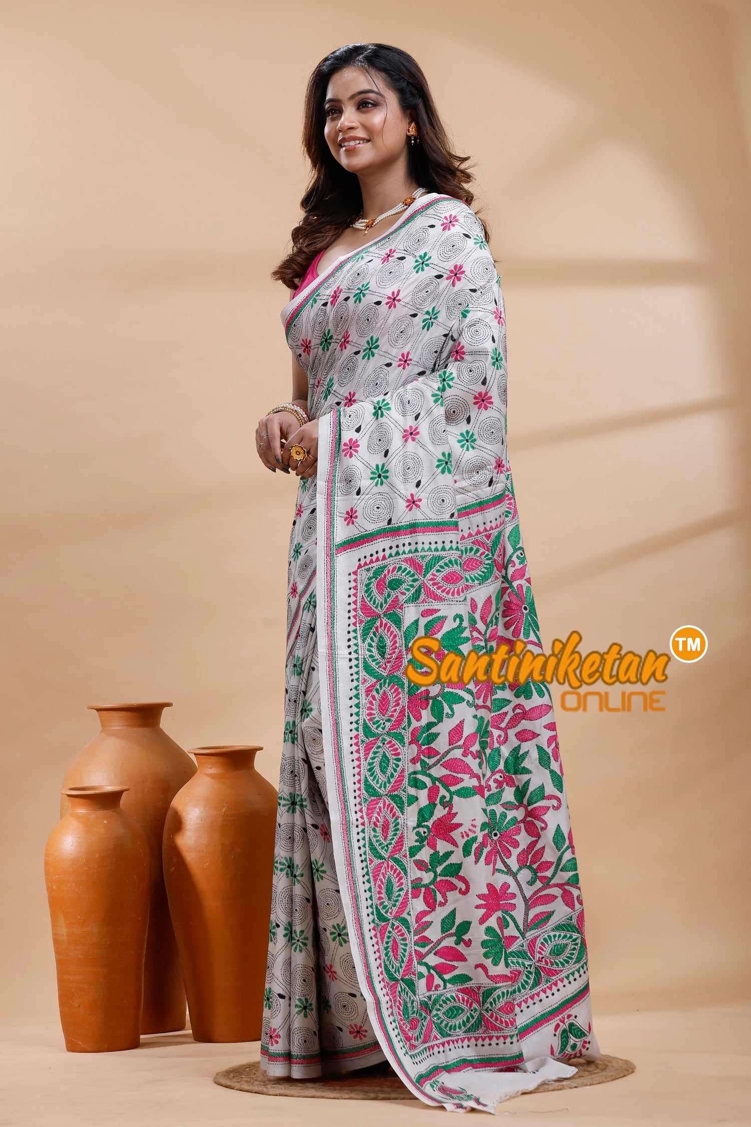 Bangalore Silk Kantha Stitch Saree