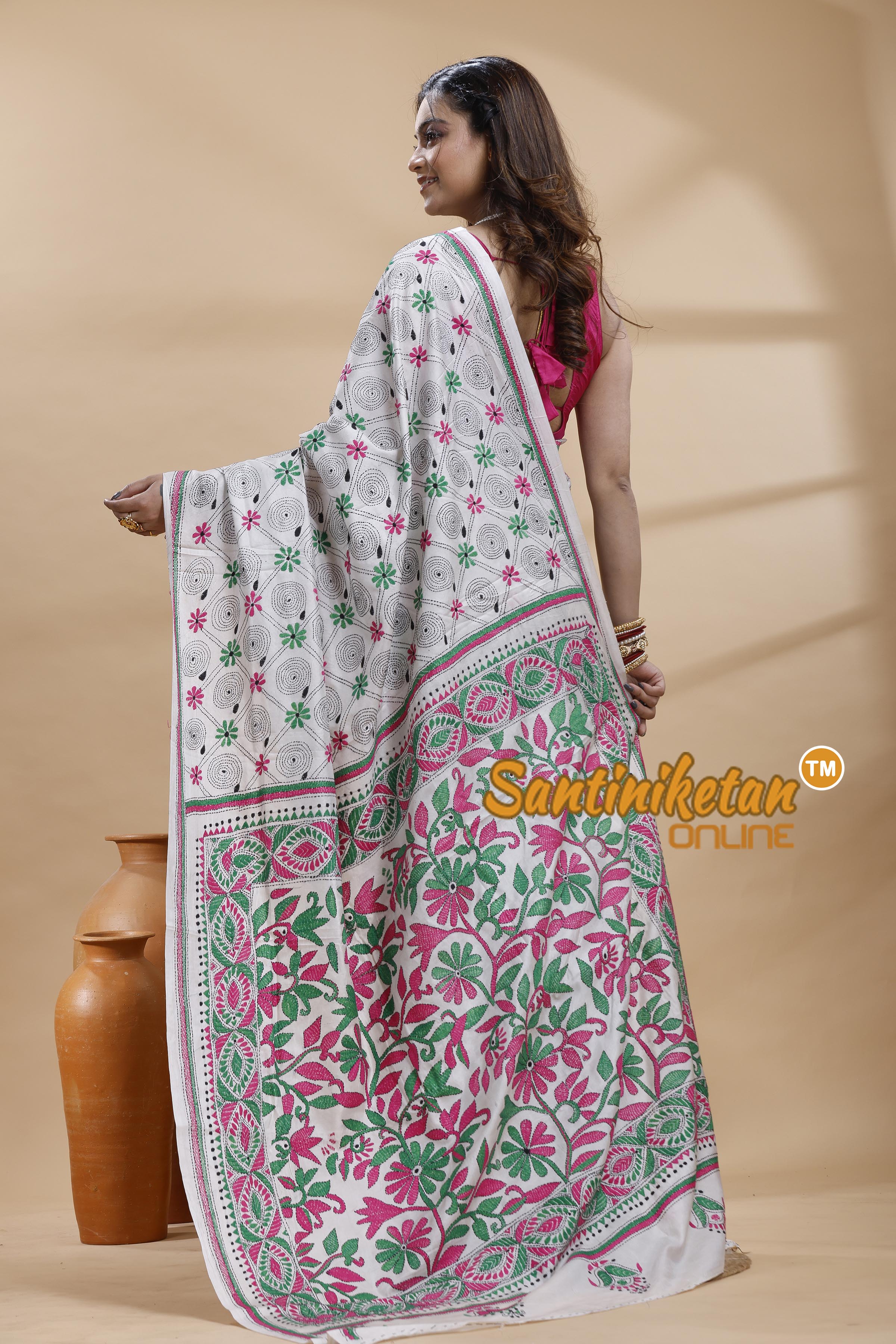 Bangalore Silk Kantha Stitch Saree