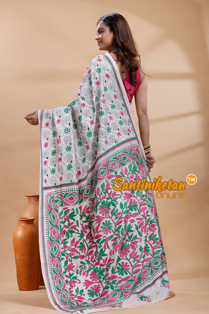 Bangalore Silk Kantha Stitch Saree