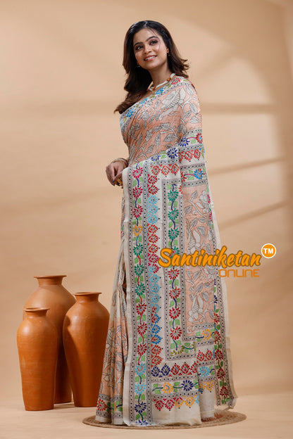 Tussar Silk Kantha Stitch Saree