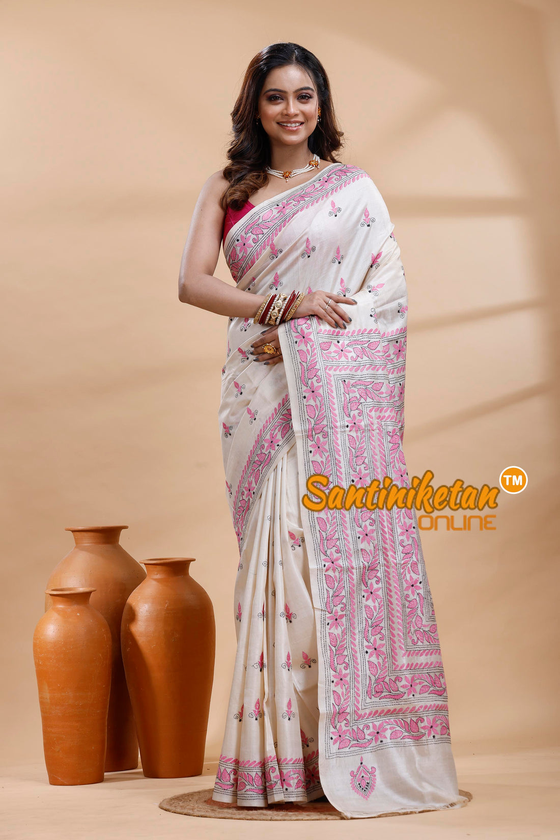 Tussar Silk Kantha Stitch Saree