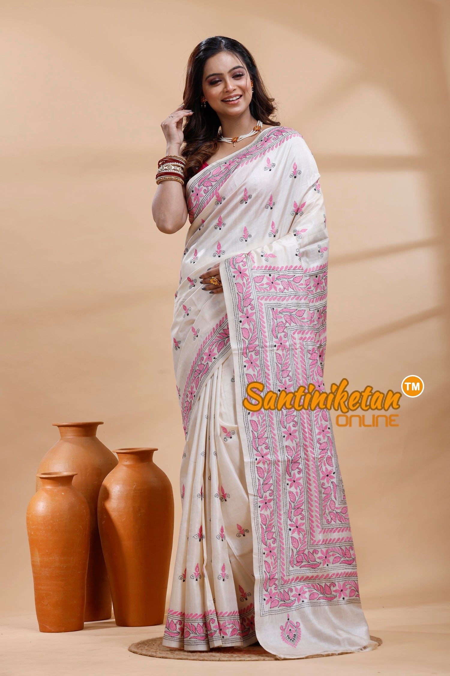 Tussar Silk Kantha Stitch Saree
