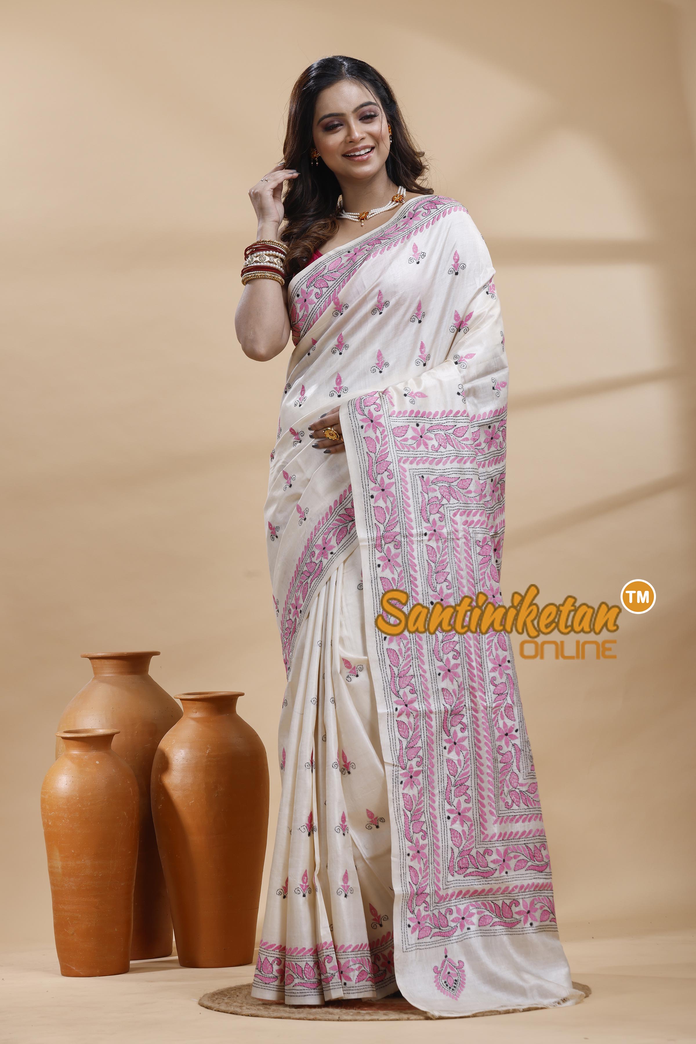 Tussar Silk Kantha Stitch Saree