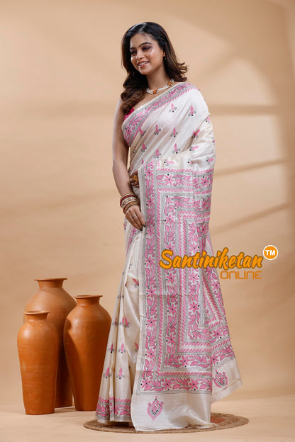 Tussar Silk Kantha Stitch Saree
