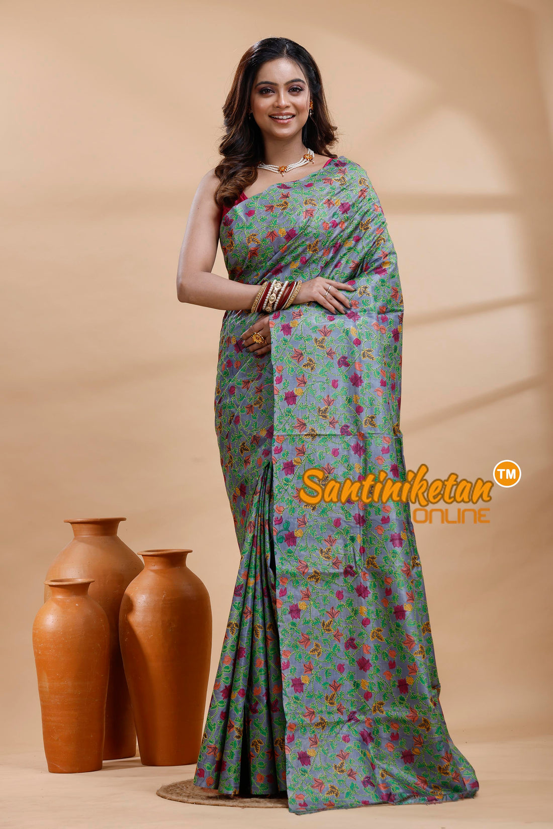 Dye Pure Tussar Silk Kantha Stitch Saree
