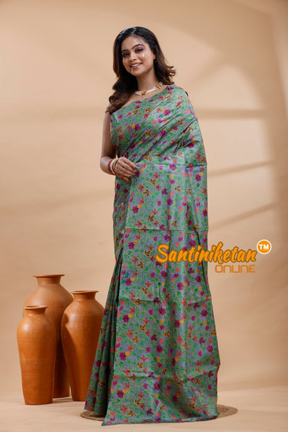 Dye Pure Tussar Silk Kantha Stitch Saree