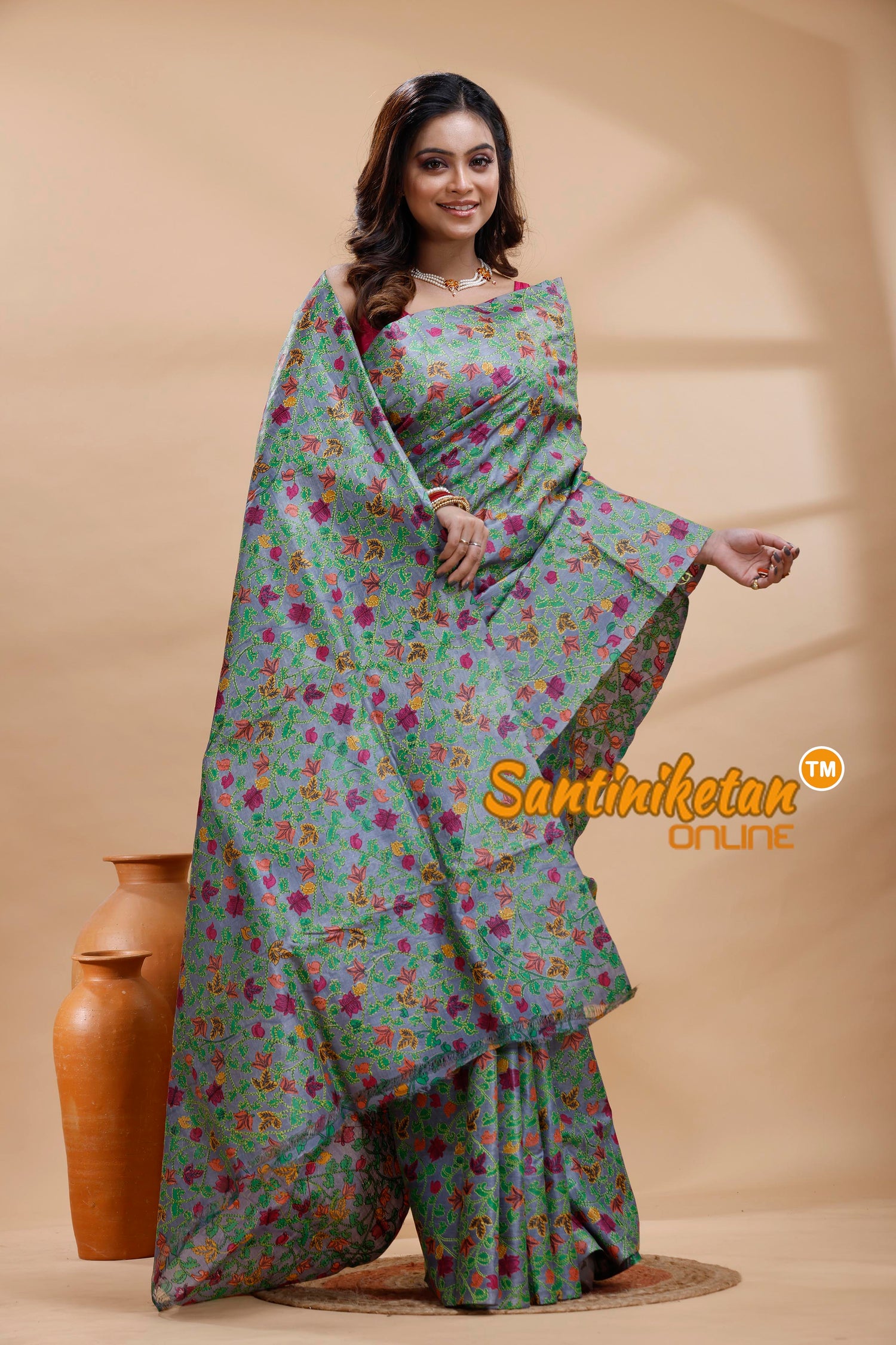 Dye Pure Tussar Silk Kantha Stitch Saree
