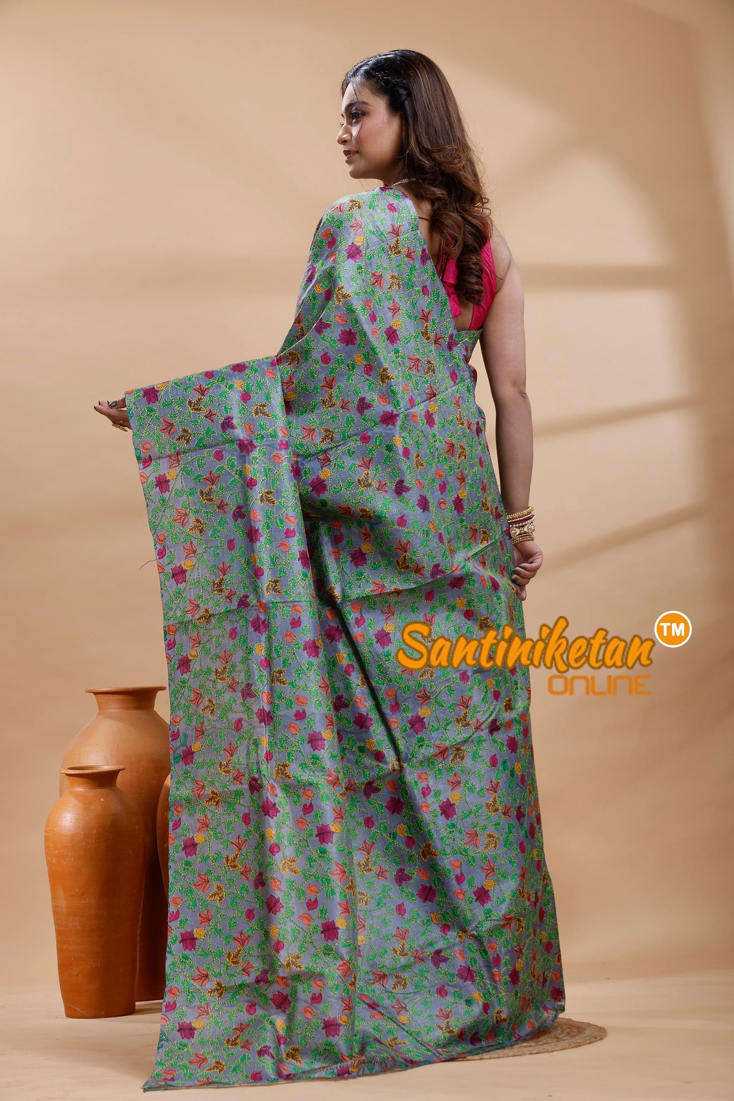 Dye Pure Tussar Silk Kantha Stitch Saree