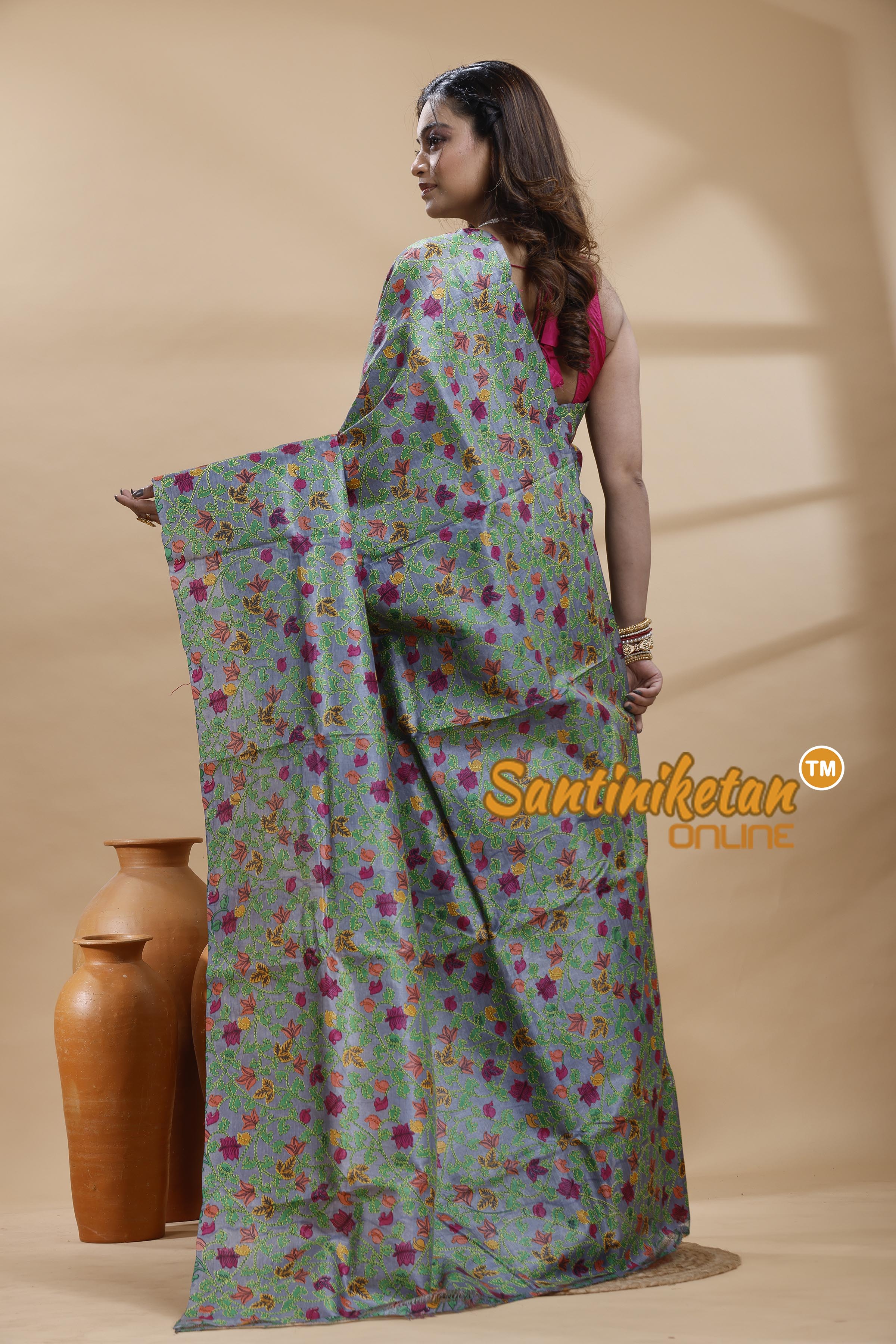 Dye Pure Tussar Silk Kantha Stitch Saree