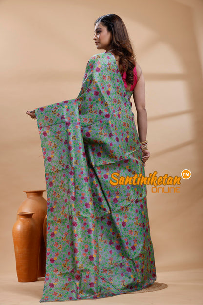 Dye Pure Tussar Silk Kantha Stitch Saree