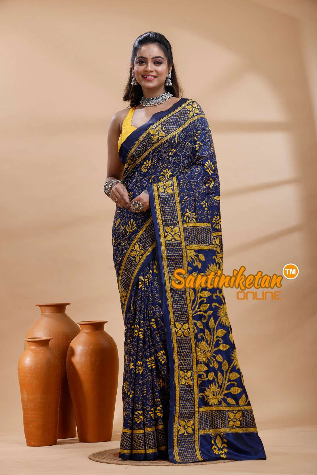 Bangalore Silk Kantha Stitch Saree