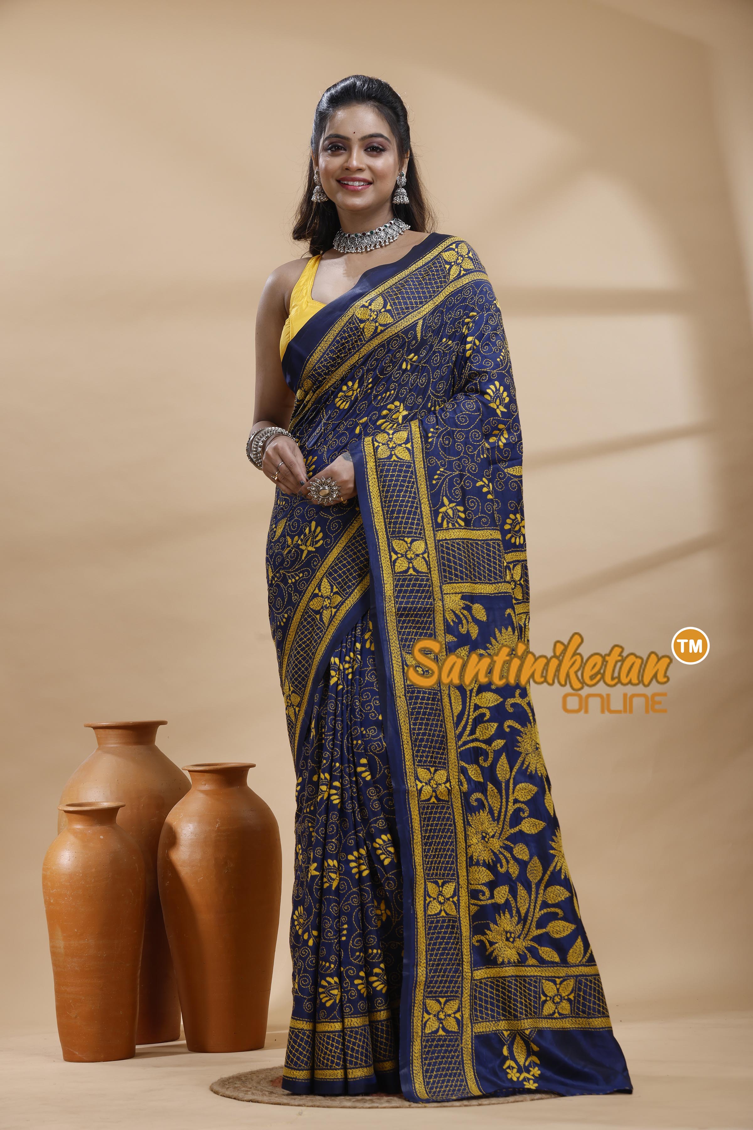 Bangalore Silk Kantha Stitch Saree