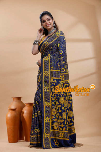 Bangalore Silk Kantha Stitch Saree