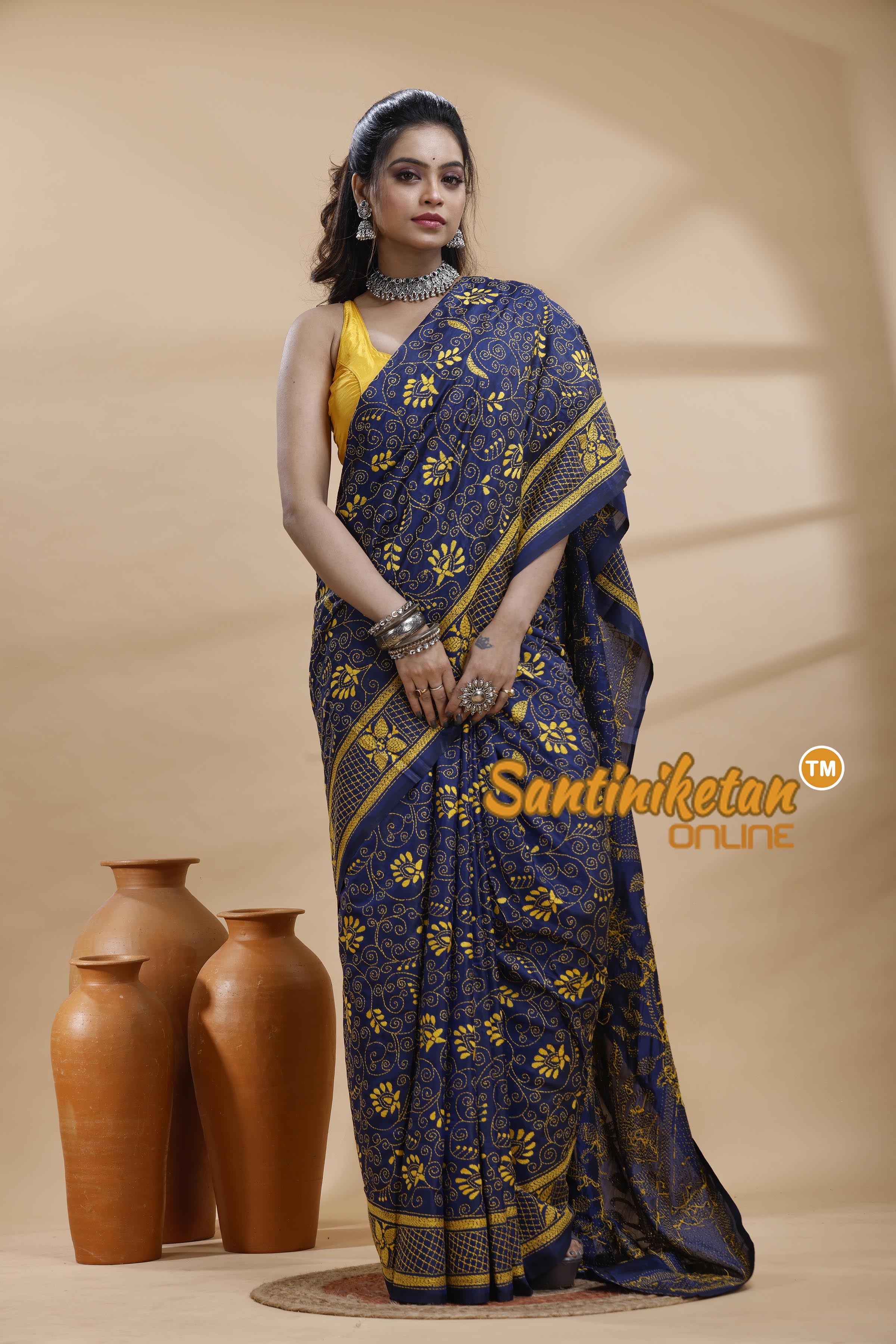 Bangalore Silk Kantha Stitch Saree
