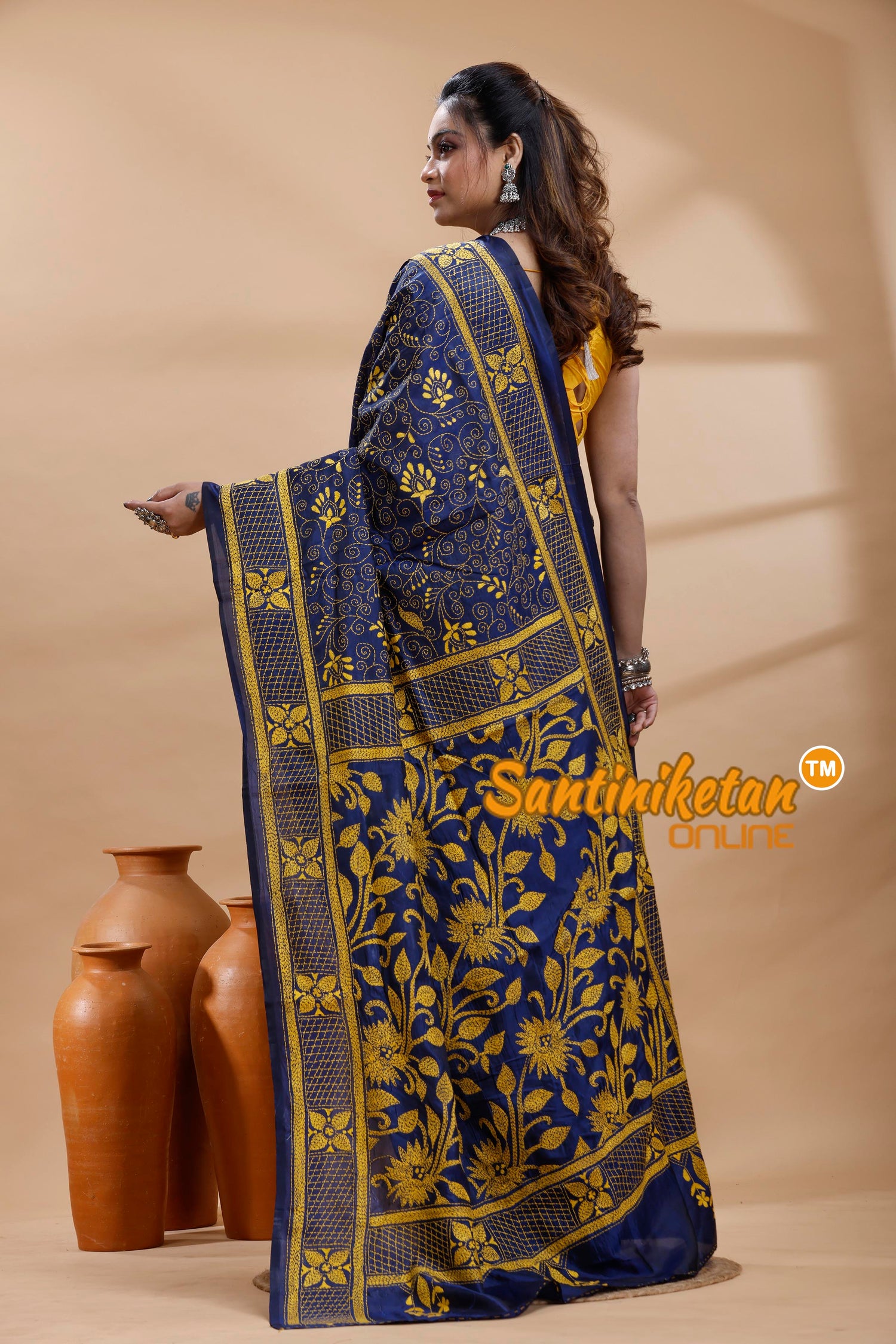 Bangalore Silk Kantha Stitch Saree