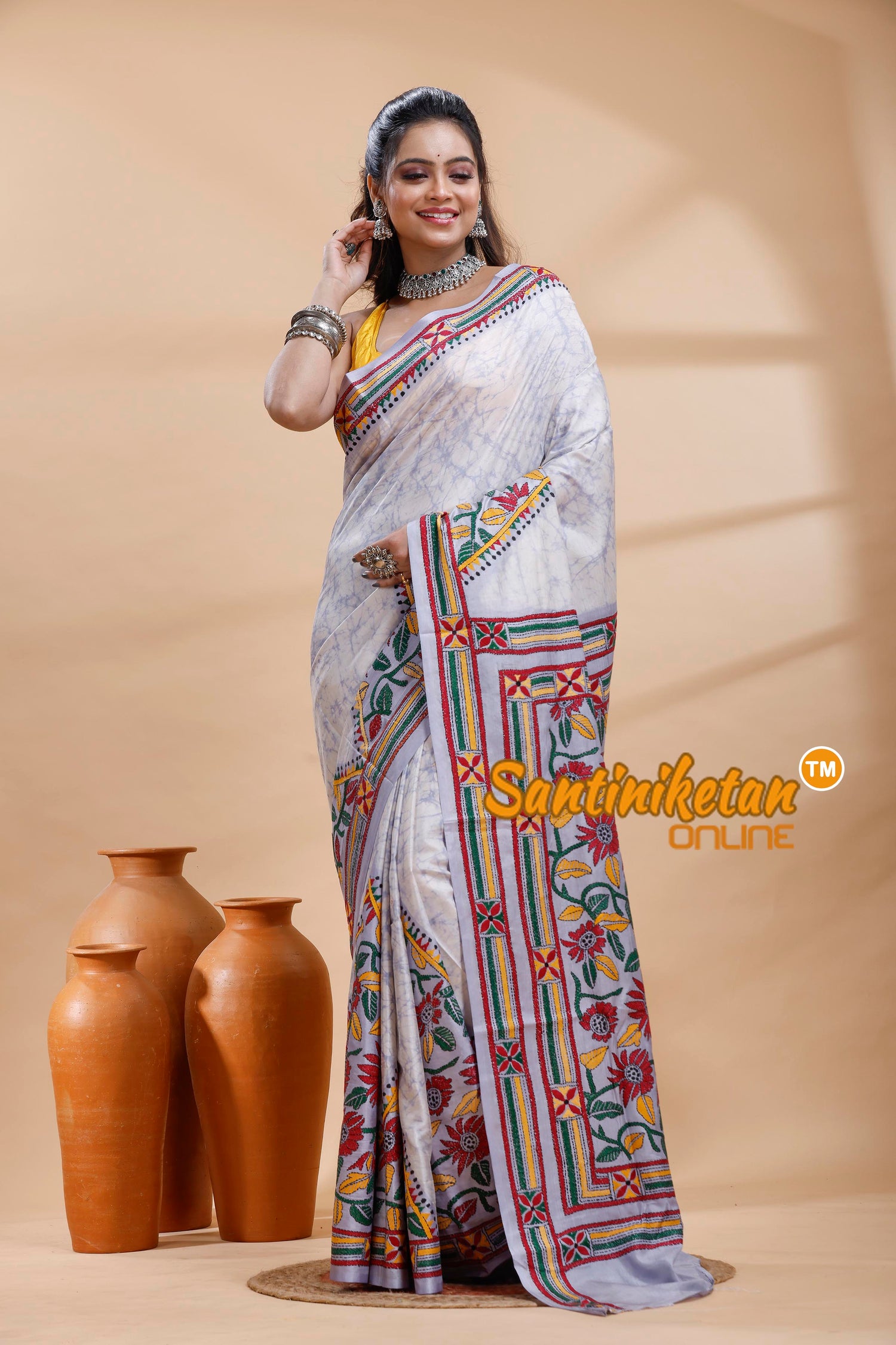 Bangalore Silk Batik Kantha Stitch Saree