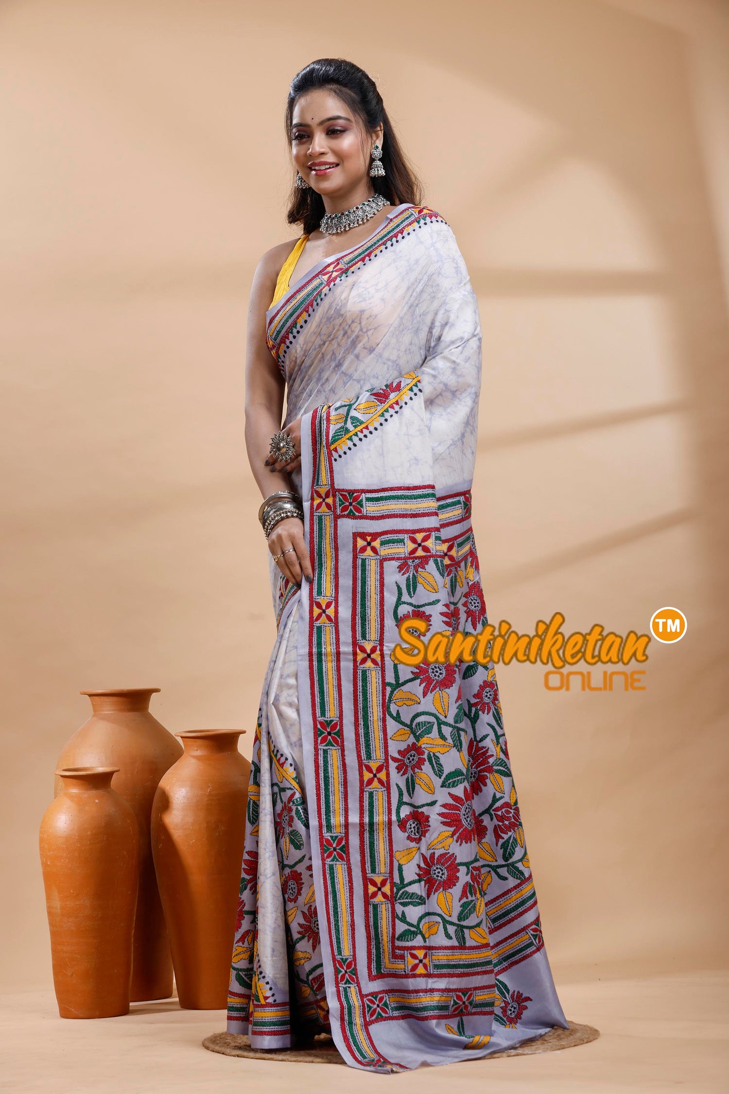 Bangalore Silk Batik Kantha Stitch Saree