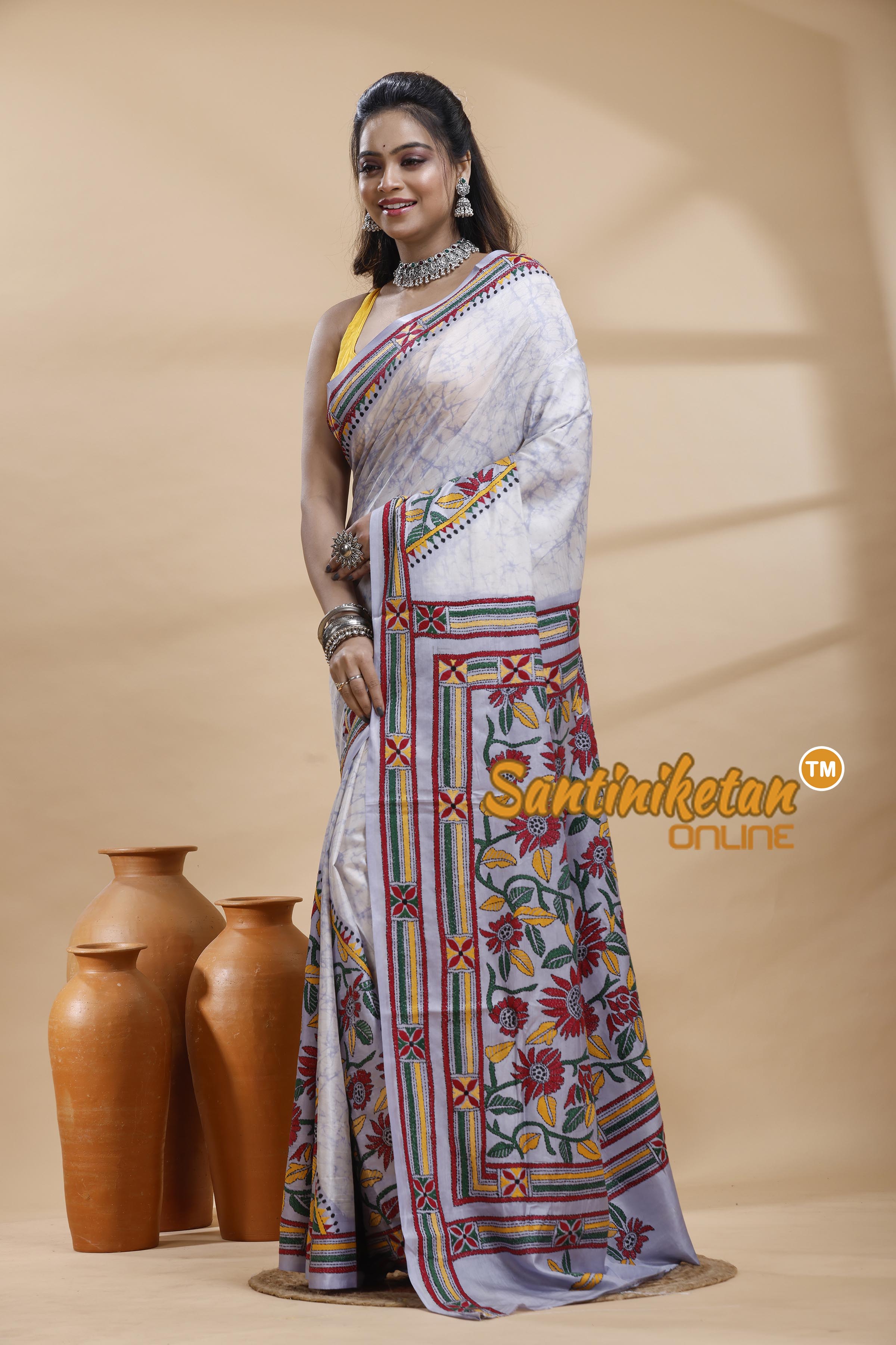 Bangalore Silk Batik Kantha Stitch Saree