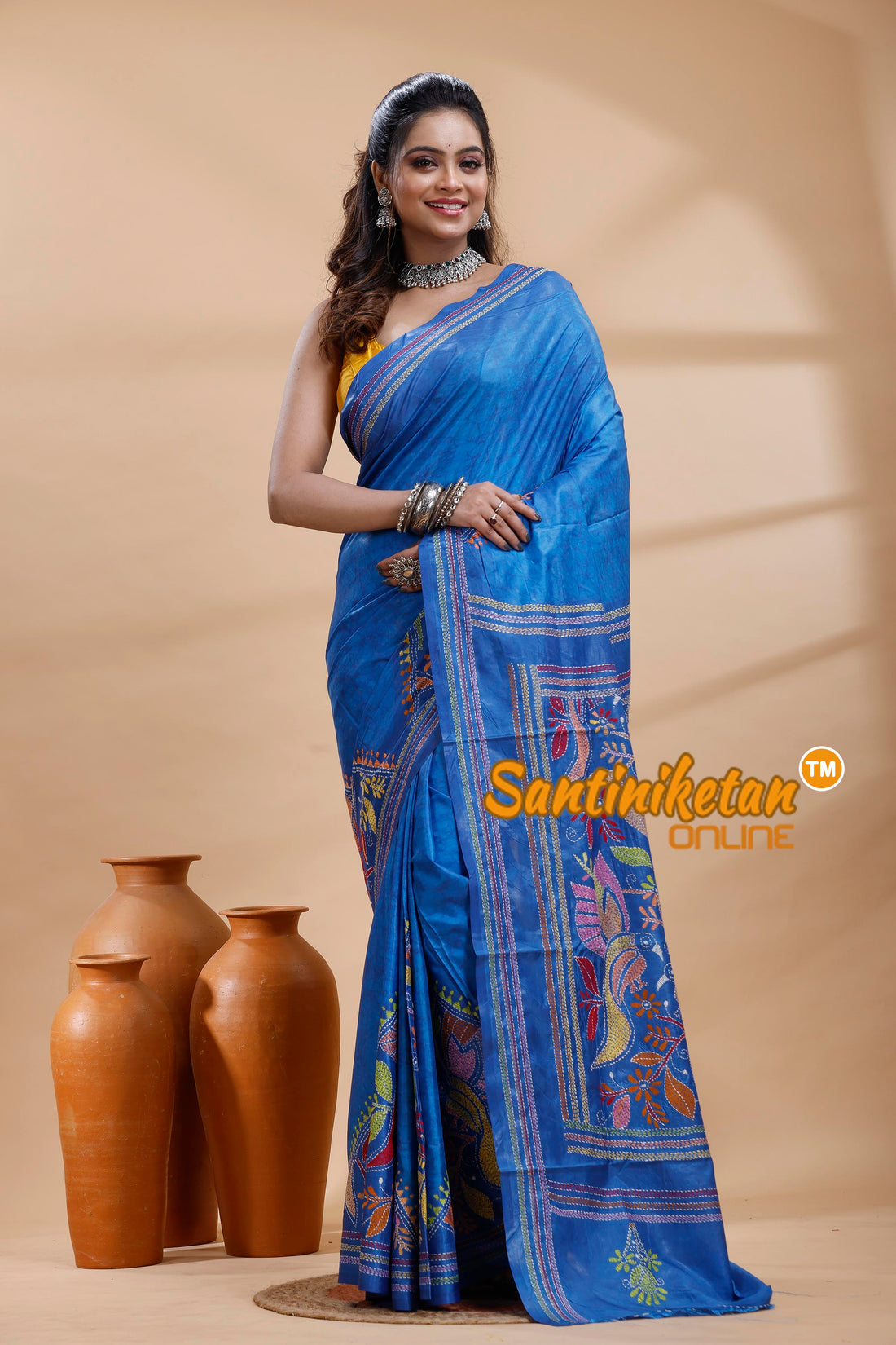 Bangalore Silk Batik Kantha Stitch Saree