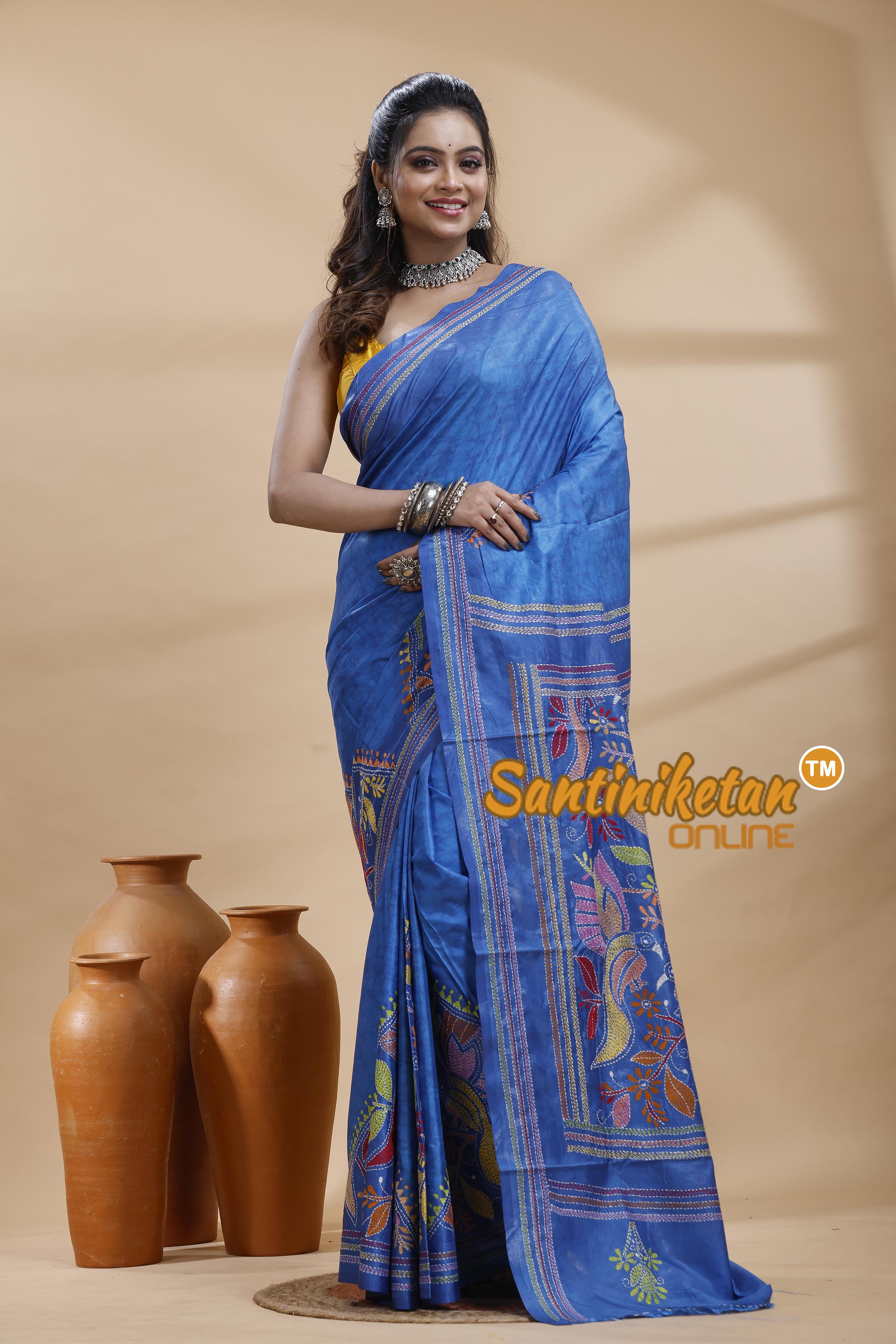 Bangalore Silk Batik Kantha Stitch Saree