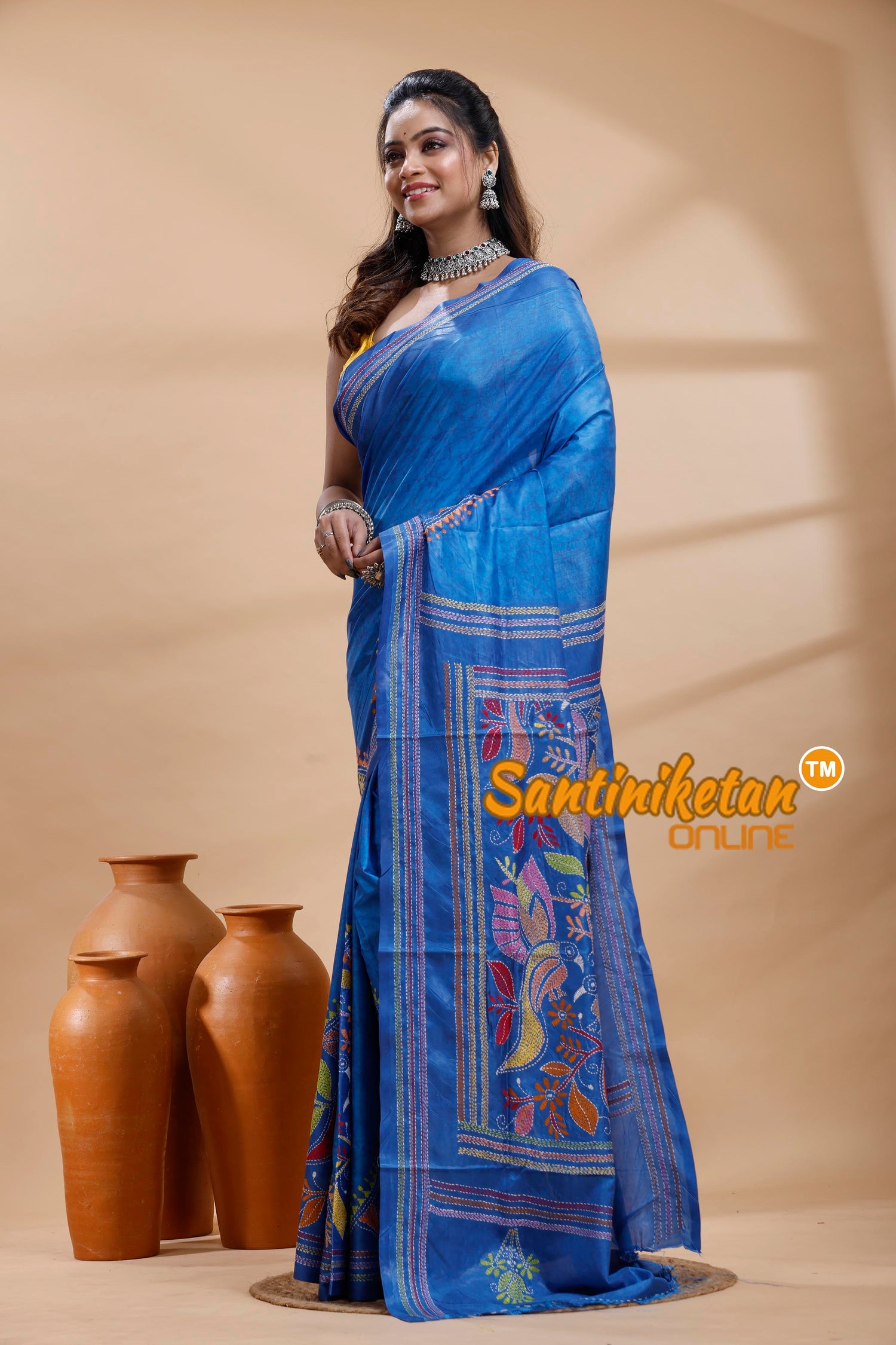 Bangalore Silk Batik Kantha Stitch Saree