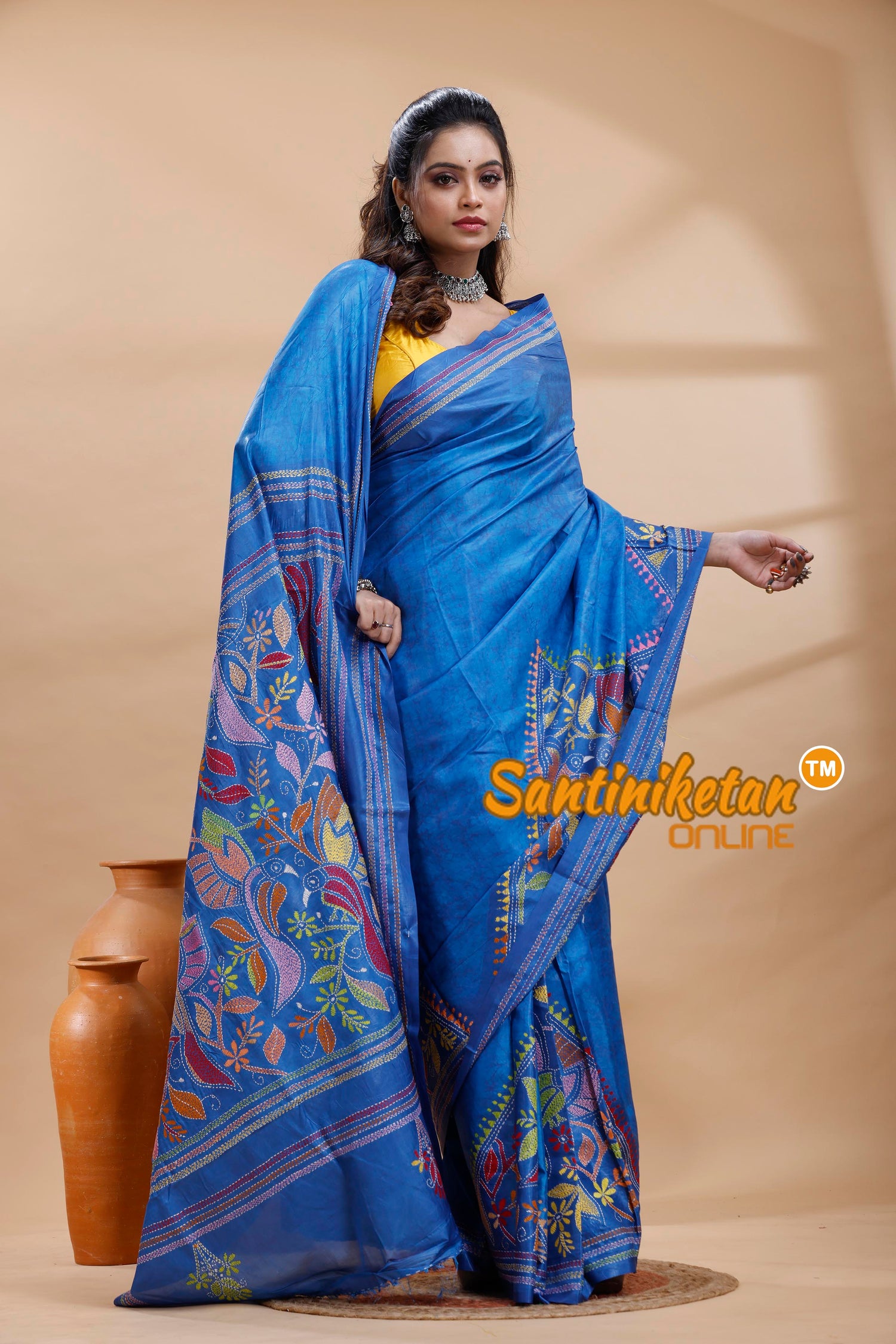 Bangalore Silk Batik Kantha Stitch Saree