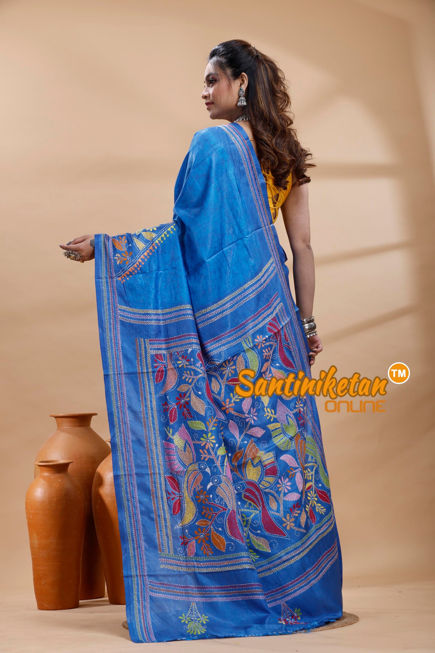 Bangalore Silk Batik Kantha Stitch Saree